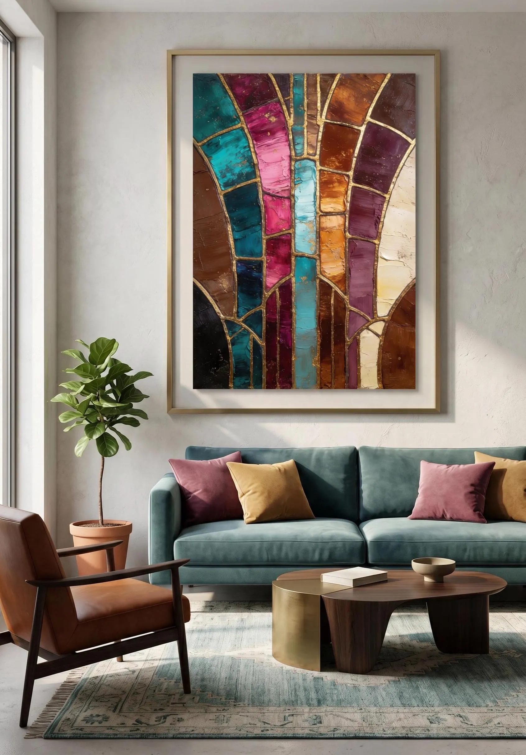 Teal Burgundy Abstract Wall Art Printable, Colorful Luxury Wall Art, Stained Glass Inspired Canvas Print, Modern tDecor, Jewel Tone Wall Art