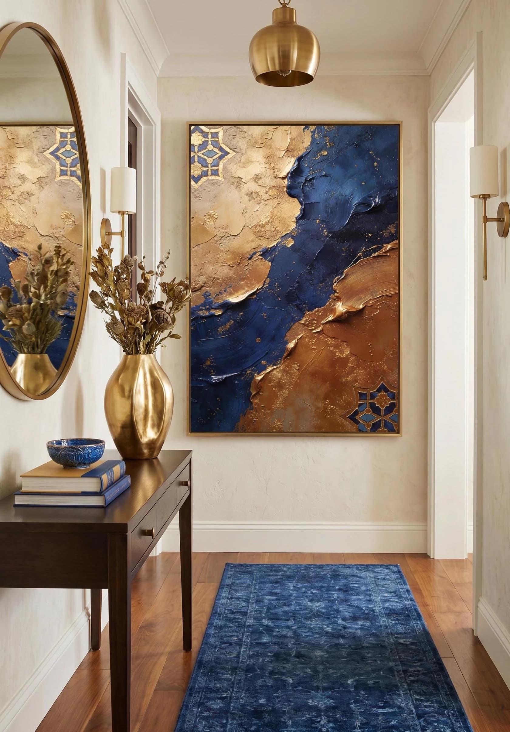 Blue Gold Abstract Wall Art Printable, Luxury Moroccan Digital Download, Navy Beige Textured Painting, Modern Statement Decor