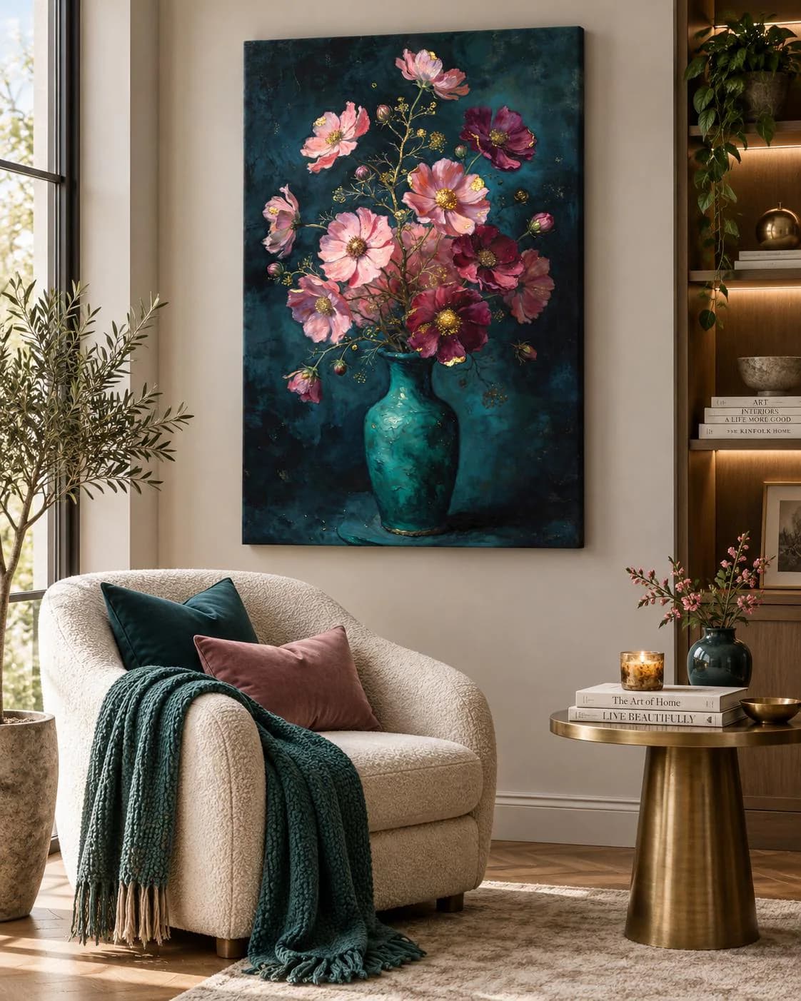 Dark Floral Wall Art Printable, Moody Flower Painting, Teal Burgundy Botanical Art, Vintage Floral Digital Download