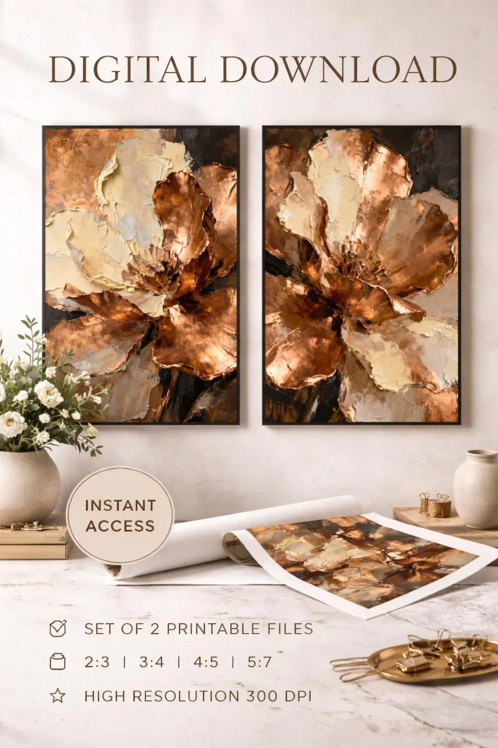 Luxury Copper Floral Wall Art Set of 2,Neutral Beige Abstract Flower Prints, Modern Elegant Wall Decor, Large Printable Art,Instant Download - image 4