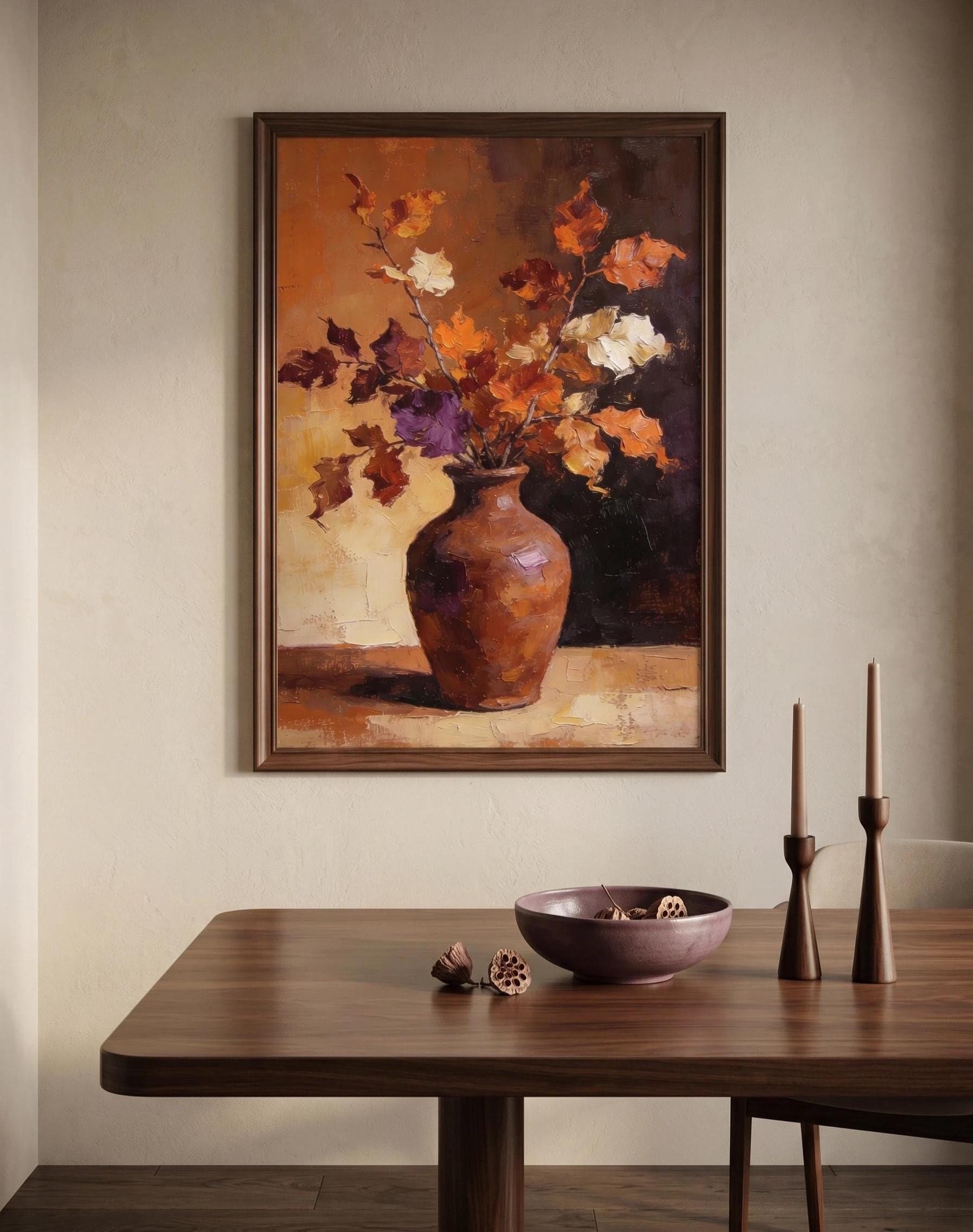 Luxury Autumn Floral Wall Art Printable, Terracotta Vase Painting, Neutral Fall Botanical Decor, Elegant Abstract Flower Canvas Print