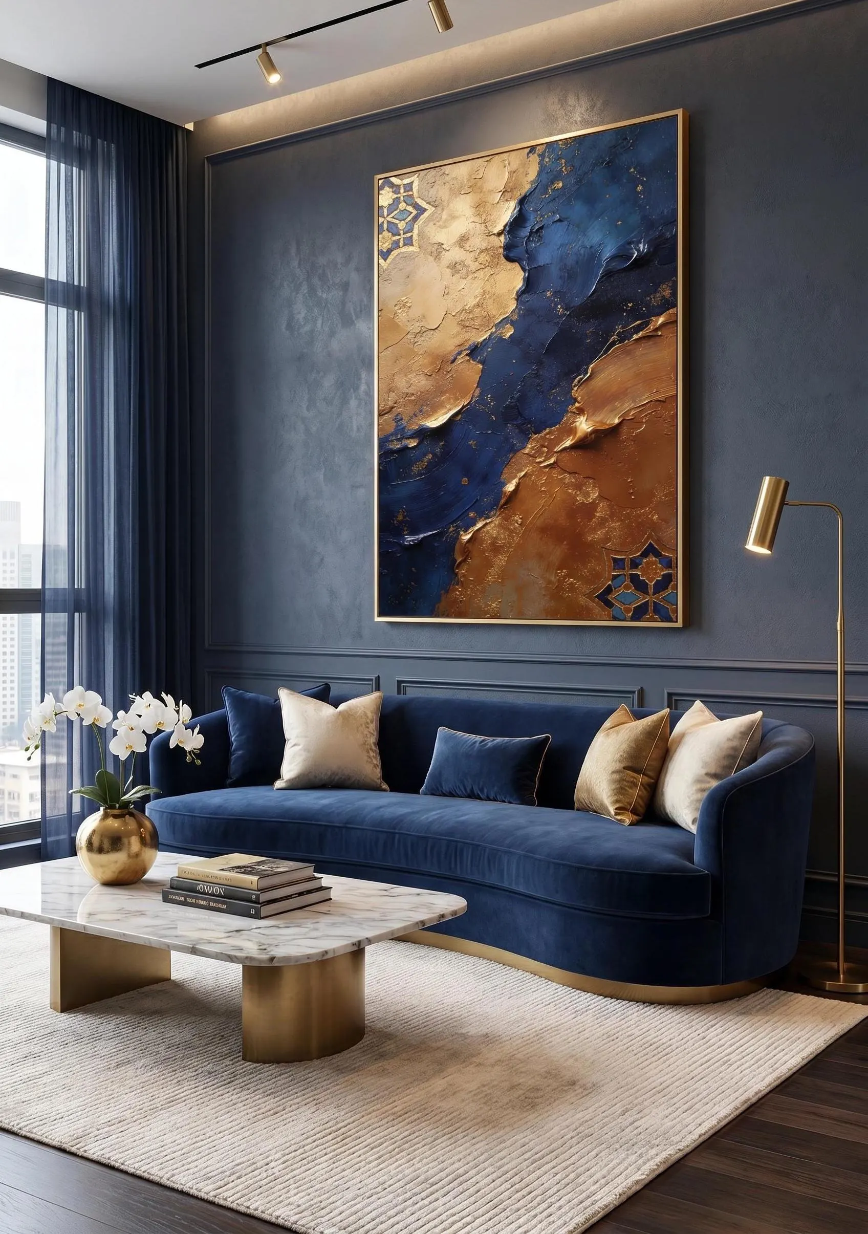 Blue Gold Abstract Wall Art Printable, Luxury Moroccan Digital Download, Navy Beige Textured Painting, Modern Statement Decor - image 5