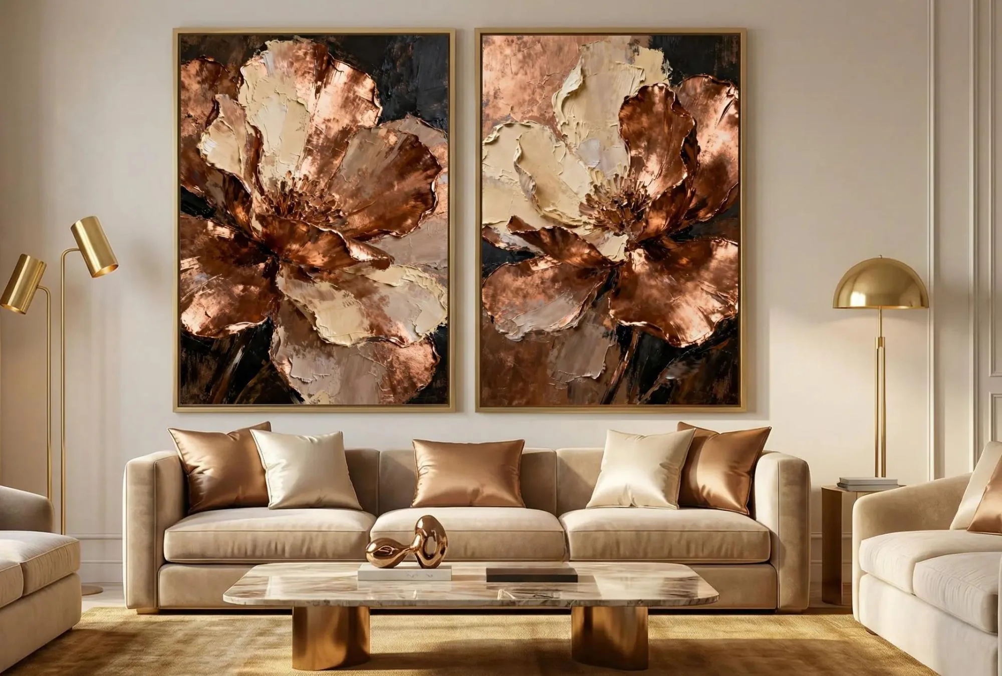 Luxury Copper Floral Wall Art Set of 2,Neutral Beige Abstract Flower Prints, Modern Elegant Wall Decor, Large Printable Art,Instant Download