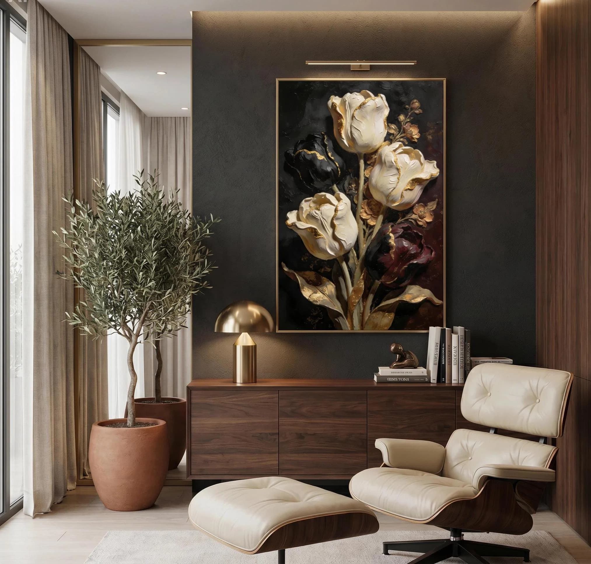 Luxury Black & White Tulip Wall Art, Gold Floral Painting, Dark Moody Flower Print, Elegant Botanical Decor, Printable Large Canvas Artwork