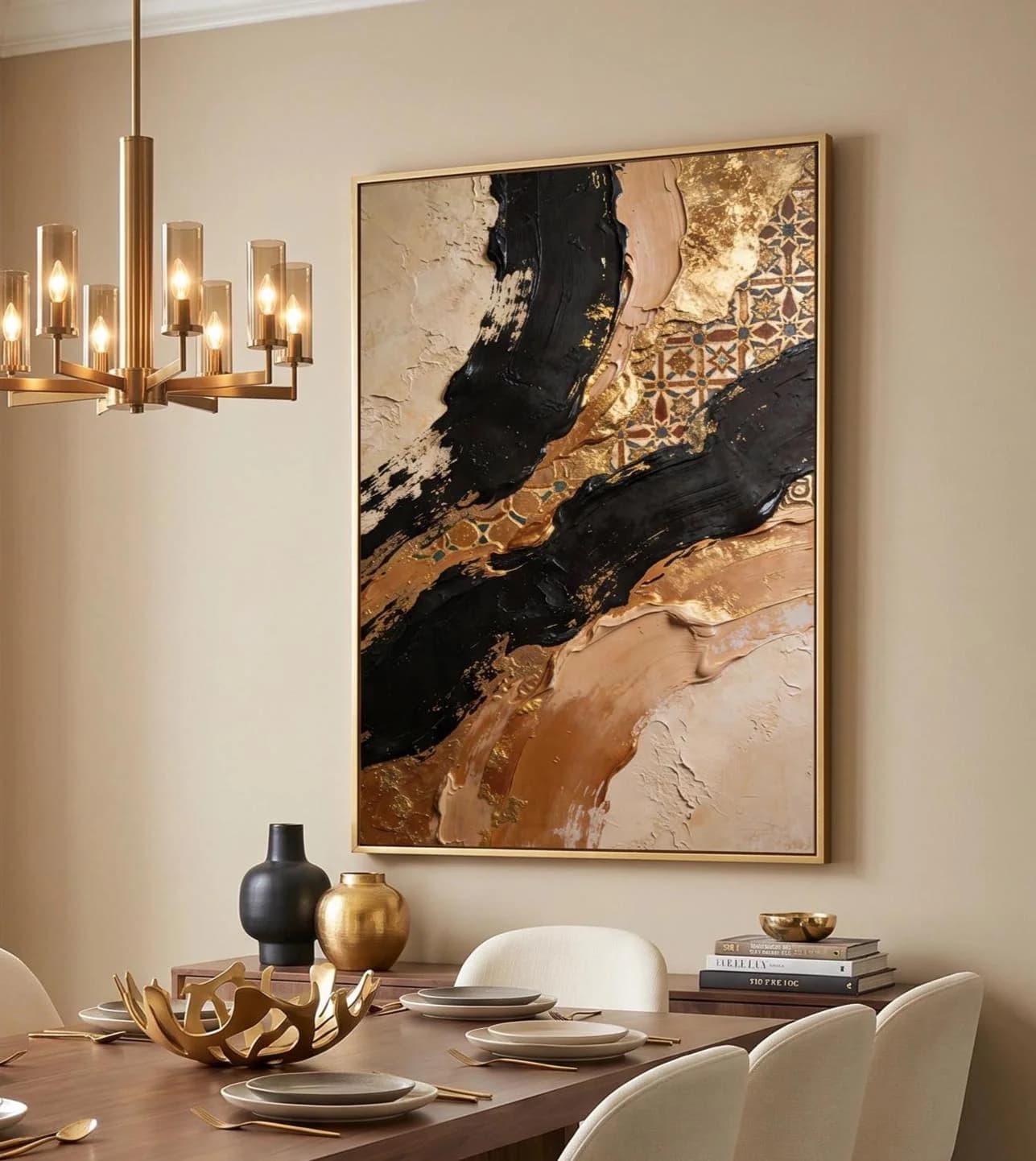 Moroccan Luxury Abstract Wall Art Print, Black Gold Beige Texture Painting, Neutral Boho Canvas Art, Modern Digital Download,Impasto Artwork