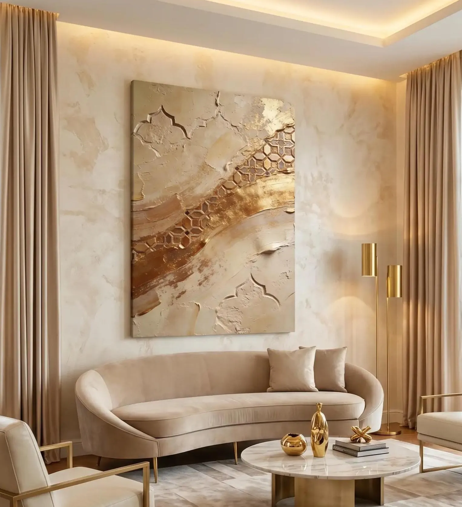 Moroccan Beige Gold Wall Art, Textured Zellige Abstract, Neutral Luxury Decor, Large Printable 24x36 Impasto Digital Download
