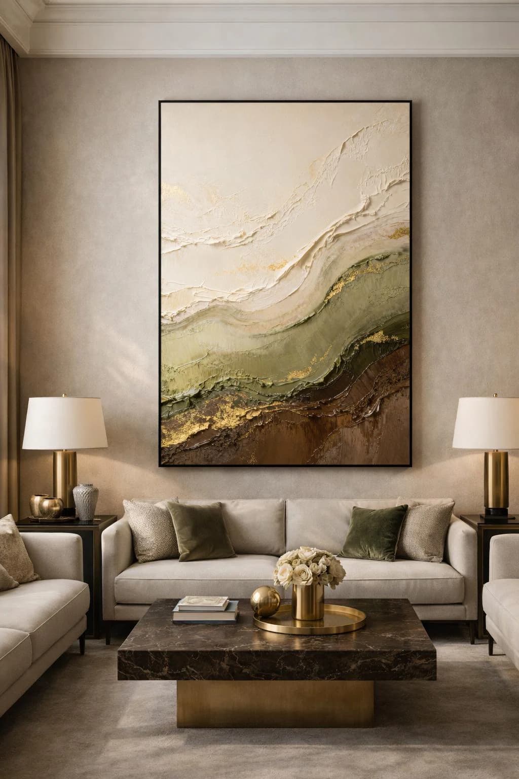 Luxury Neutral Abstract Wall Art Printable, Beige Olive Green Gold Texture Painting, Large Modern Wall Decor 24x36,Impasto Oil Style Artwork