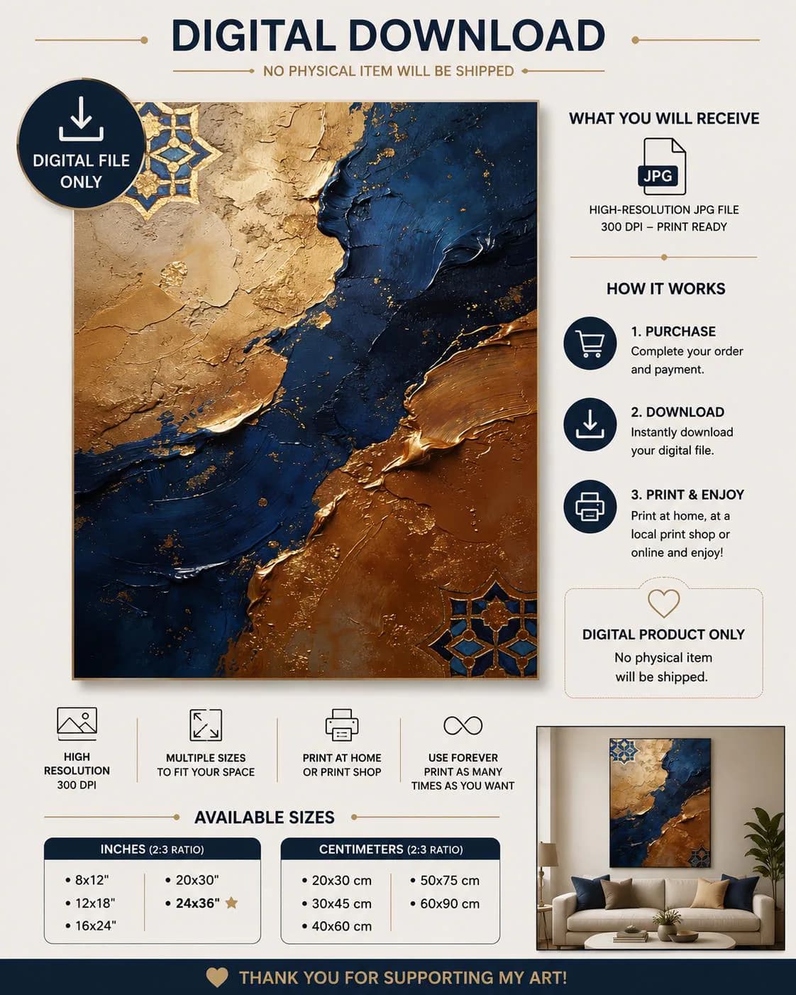 Blue Gold Abstract Wall Art Printable, Luxury Moroccan Digital Download, Navy Beige Textured Painting, Modern Statement Decor - image 3