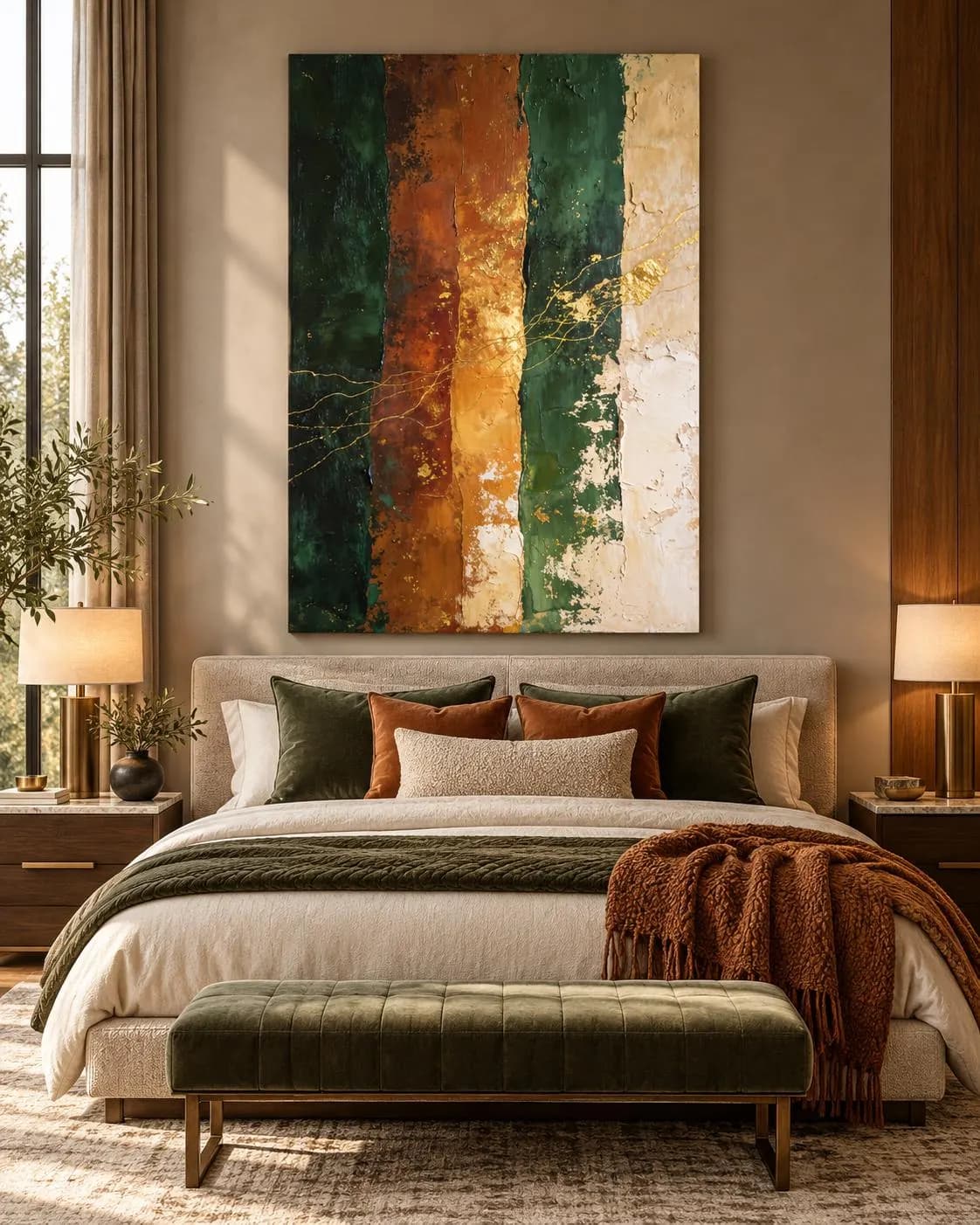 Forest Green and Rust Abstract Wall Art, Gold Textured Painting, Luxury Earth Tone Printable Decor