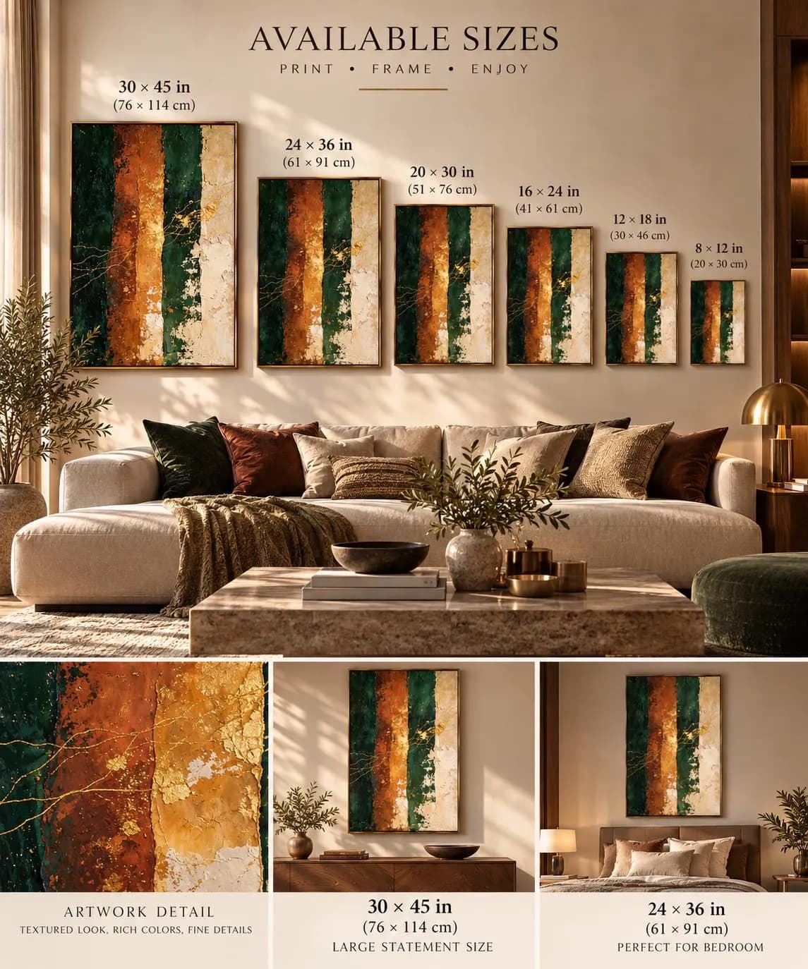 Forest Green and Rust Abstract Wall Art, Gold Textured Painting, Luxury Earth Tone Printable Decor - image 3