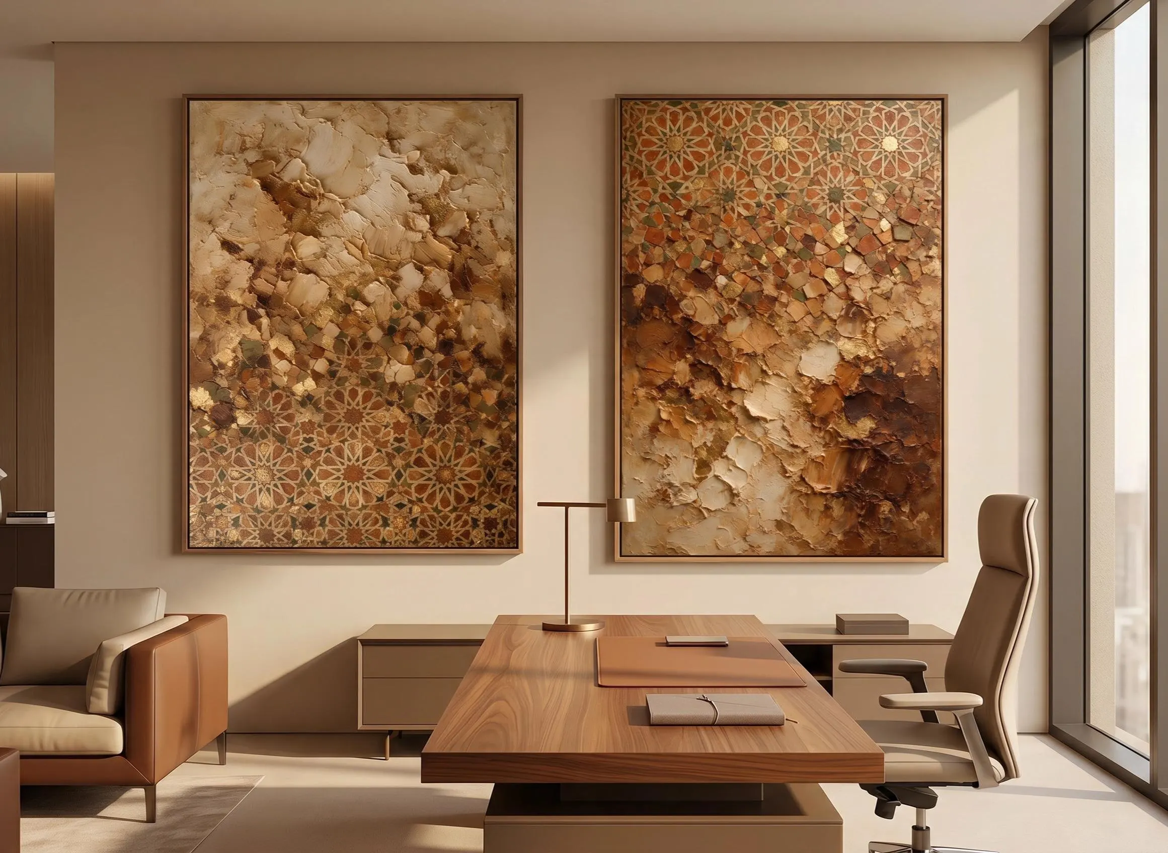Moroccan Zellige Wall Art Set of 2, Neutral Beige Printable Wall Art, Textured Abstract Triptych Style, Luxury Digital Download