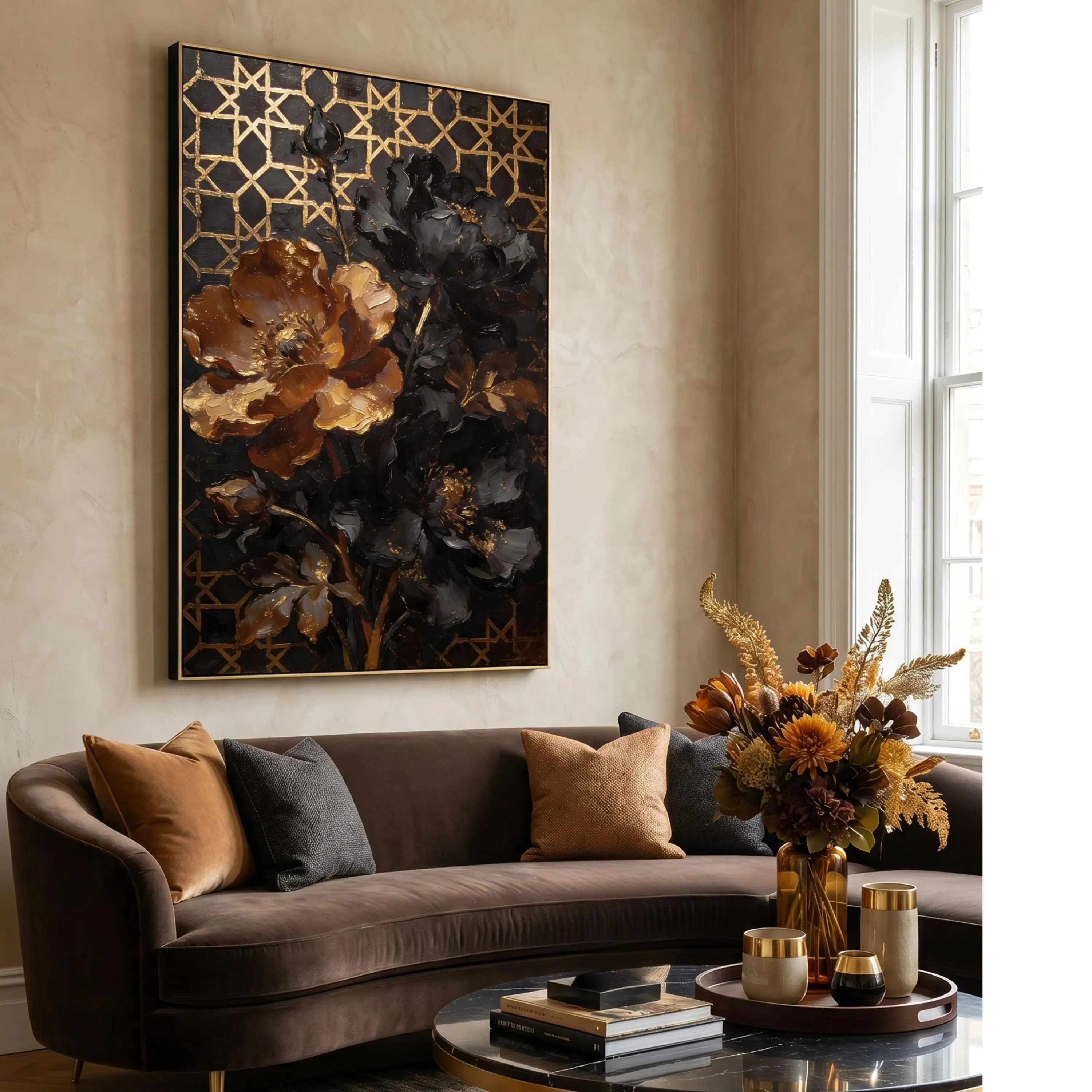 Luxury Black Gold Floral Wall Art Printable,Moroccan Inspired Botanical Digital Download,Elegant Dark Flower Painting,Modern Statement Decor