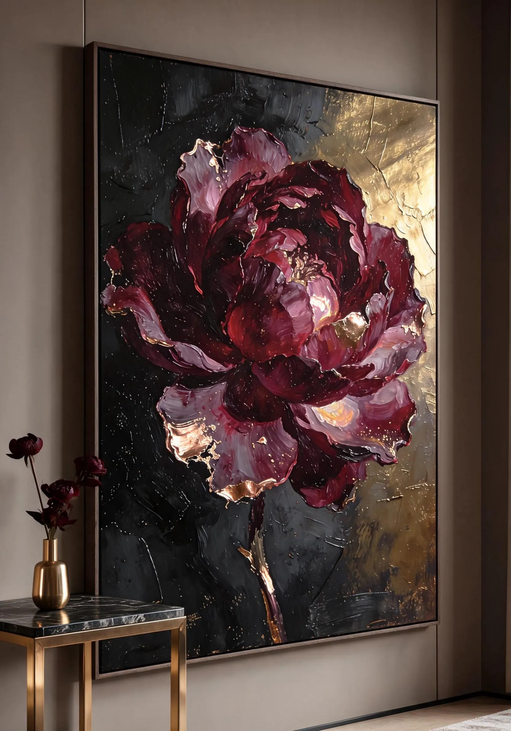 Dark Burgundy Peony Digital Download, Luxury Floral Wall Art Printable,Black Gold Oil Painting,Moody Flower Instant Download,Large Wall Art