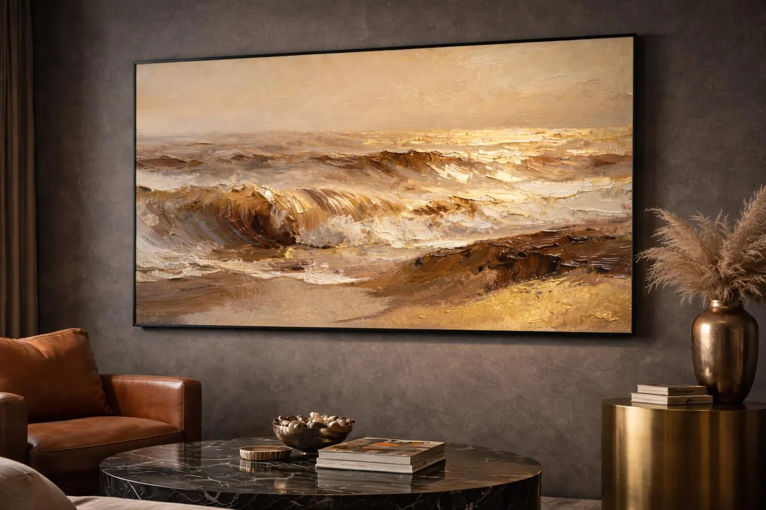 Luxury Ocean Wave Wall Art Print, Large Abstract Seascape Painting, Neutral Coastal Decor, Gold Beige Beach Art, Modern Living Room Wall Art