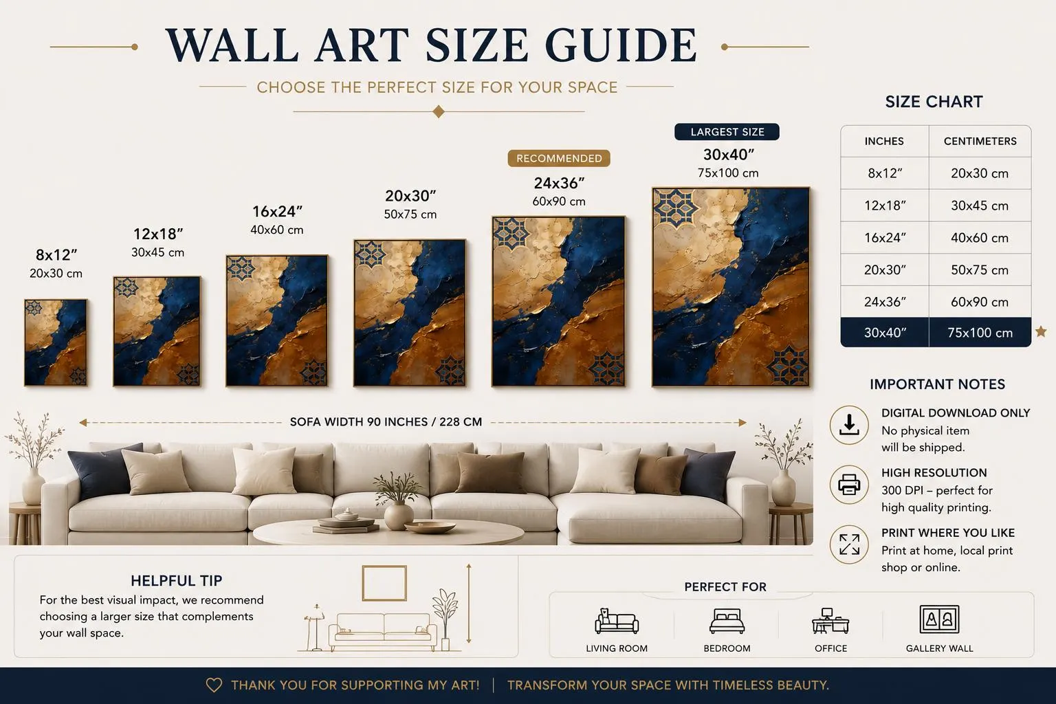 Blue Gold Abstract Wall Art Printable, Luxury Moroccan Digital Download, Navy Beige Textured Painting, Modern Statement Decor - image 4