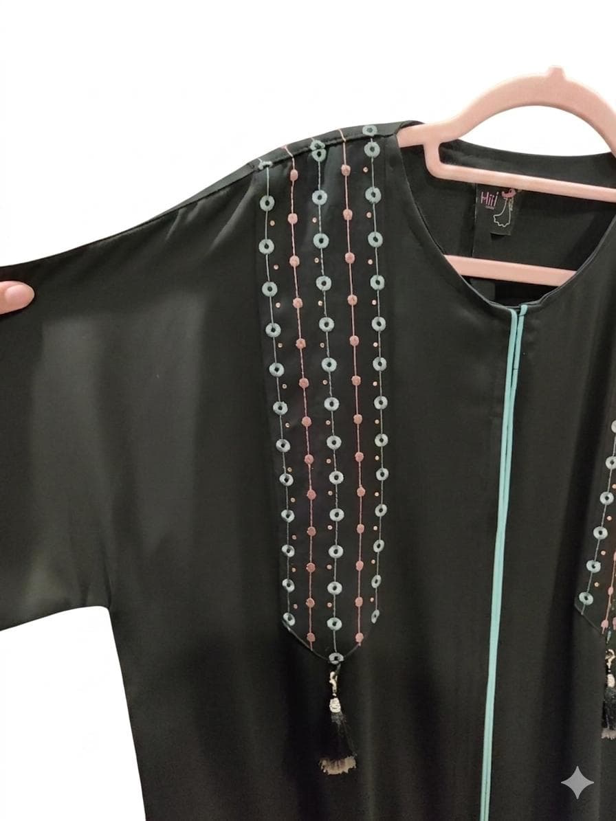 Jordanian Black Abaya – Geometric Embroidery, Teal Tassels, Bell Sleeves