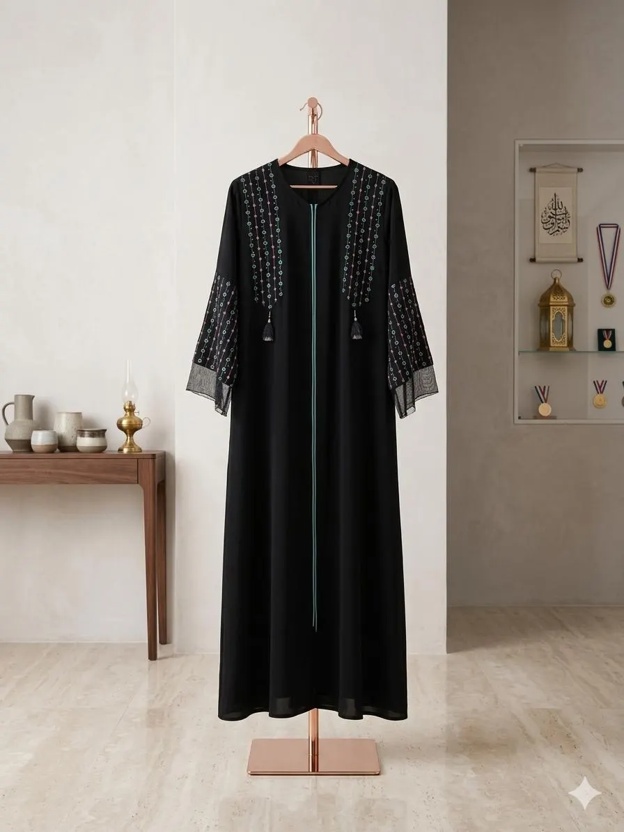 Jordanian Black Abaya – Geometric Embroidery, Teal Tassels, Bell Sleeves - image 4