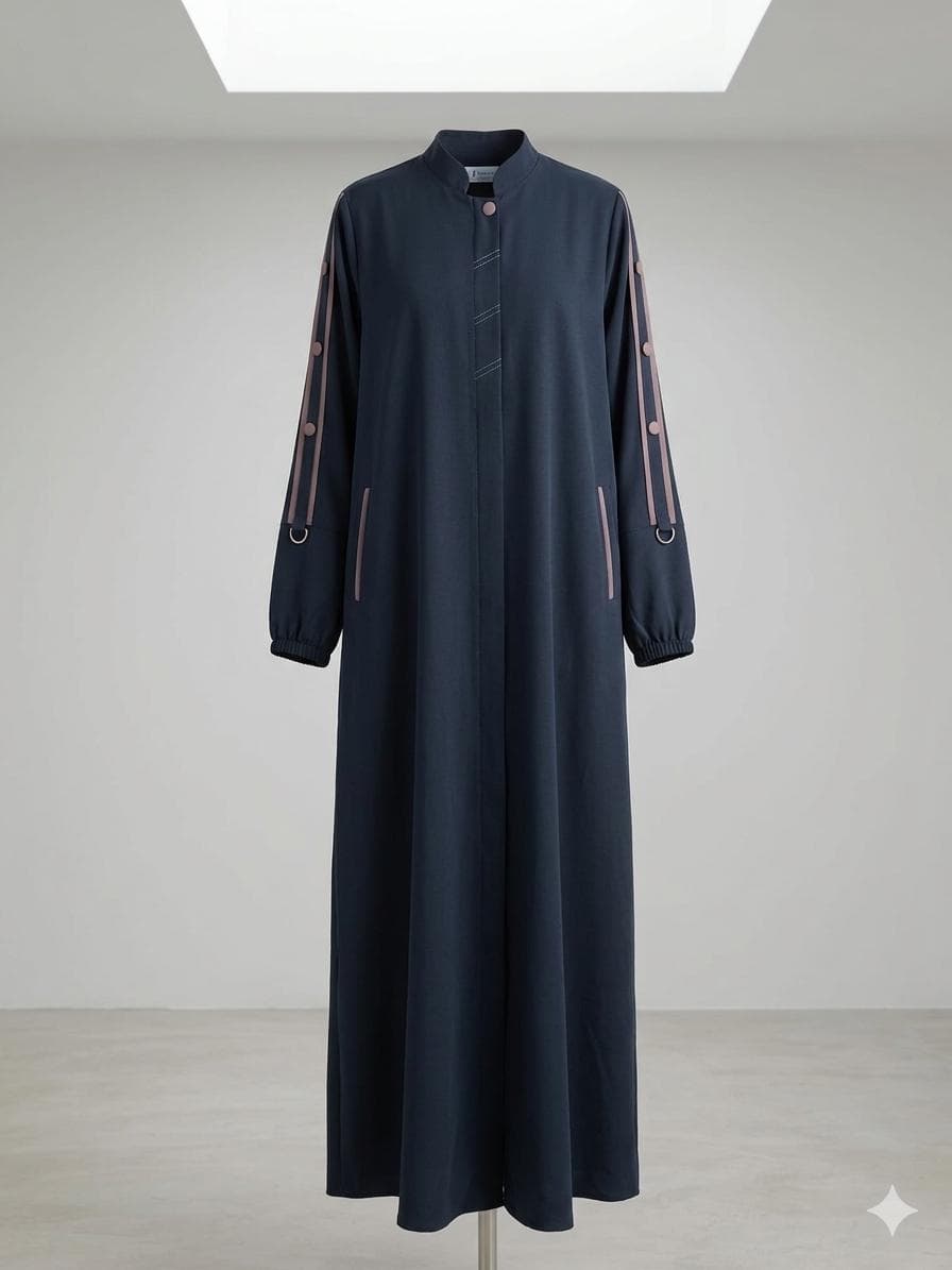 Jordanian Navy Blue Abaya – Pink Stripe Sleeve Detail, Crepe Fabric, Size 48