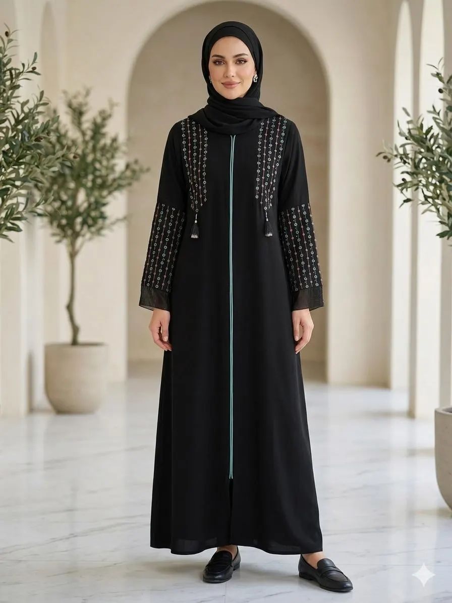 Jordanian Black Abaya – Geometric Embroidery, Teal Tassels, Bell Sleeves - image 3