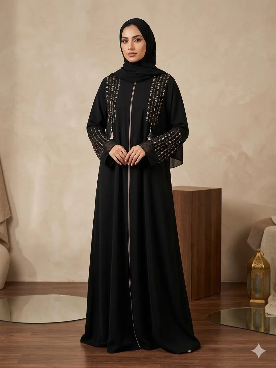 Jordanian Black Abaya – Geometric Embroidery, Teal Tassels, Bell Sleeves - image 5