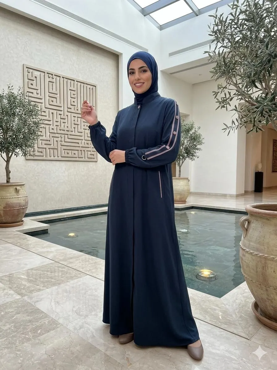 Jordanian Navy Blue Abaya – Pink Stripe Sleeve Detail, Crepe Fabric, Size 48 - image 3