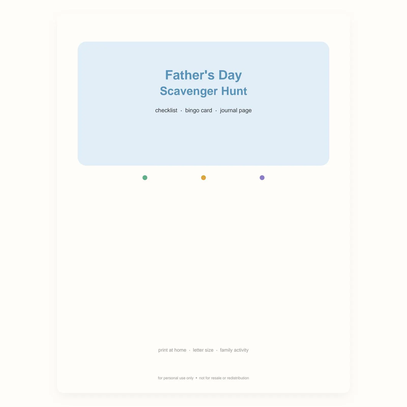 Father's Day Scavenger Hunt, Printable Bingo for Kids, Family Father's Day Activity, Instant Download