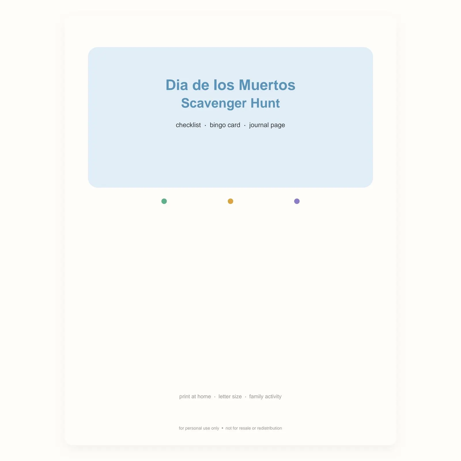 Dia de los Muertos Scavenger Hunt, Bingo, Family Activity (Instant Download)