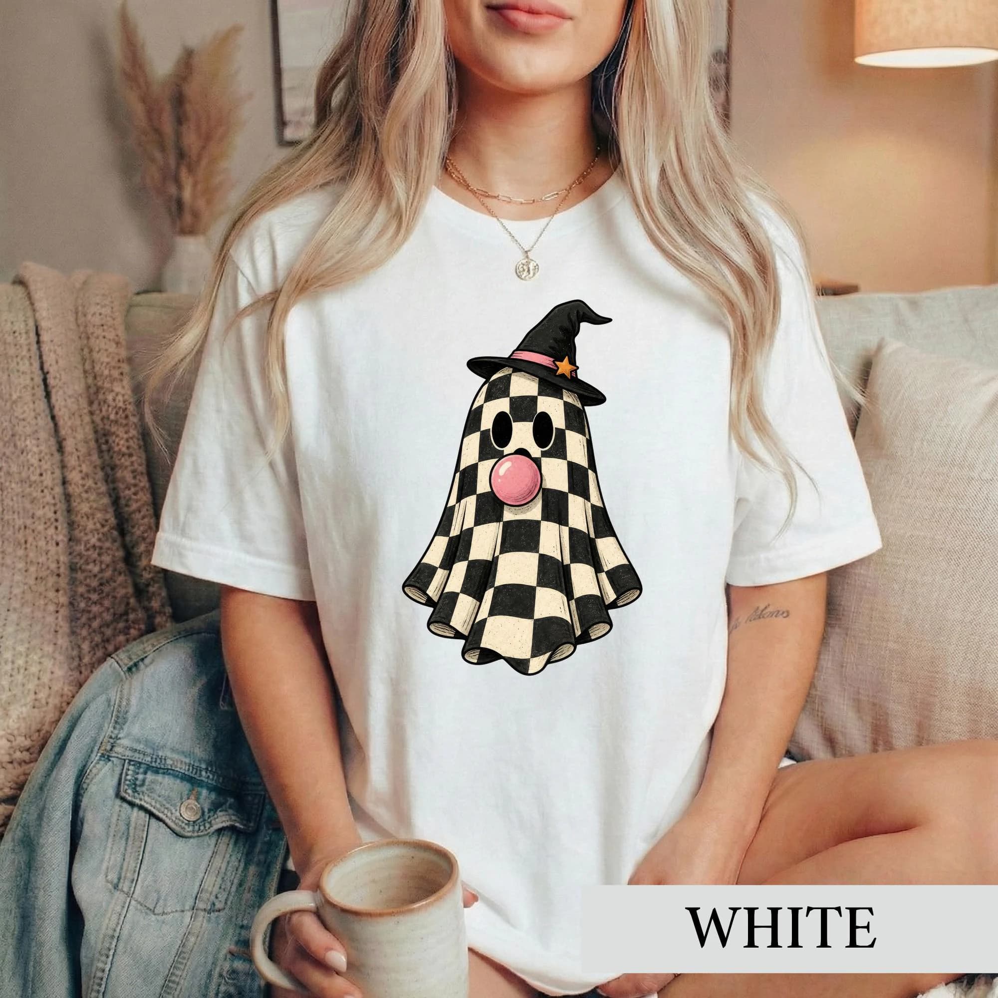 Checkered Ghost Halloween Shirt, Retro Witch Hat Bubblegum Tee, Funny Spooky Season Tshirt, Cute Groovy Fall Graphic, Spooky Lover Gift