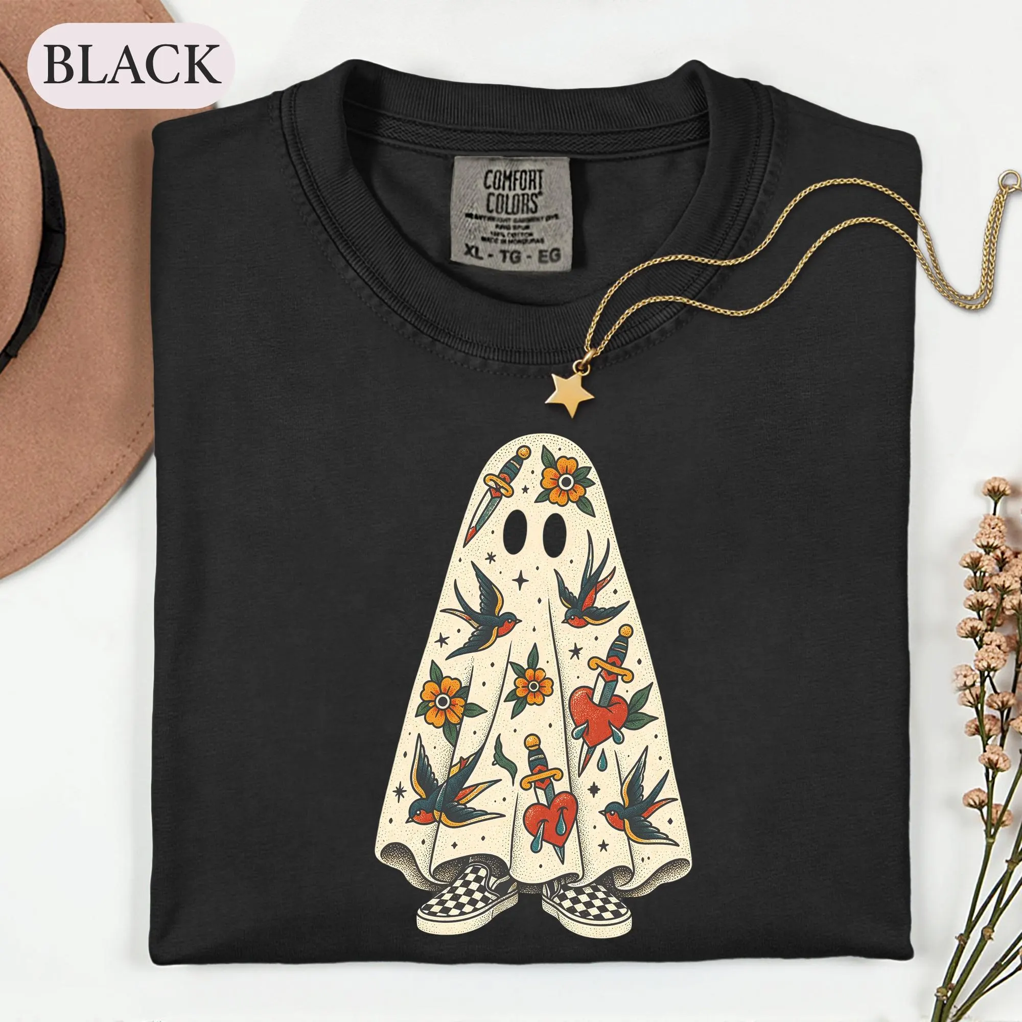 Edgy Vintage Halloween Tee, Traditional Tattoo Ghost Shirt, Alt Spooky Season Tshirt, Retro Flash Graphic Top, Tattoo Lover Gift