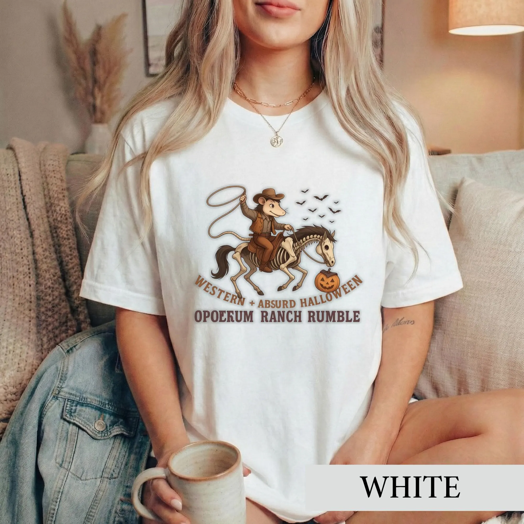 Western Opossum Halloween Shirt, Cowboy Skeleton Horse Tee, Spooky Ranch Graphic Sweatshirt, Retro Possum Pumpkin Lover Gift