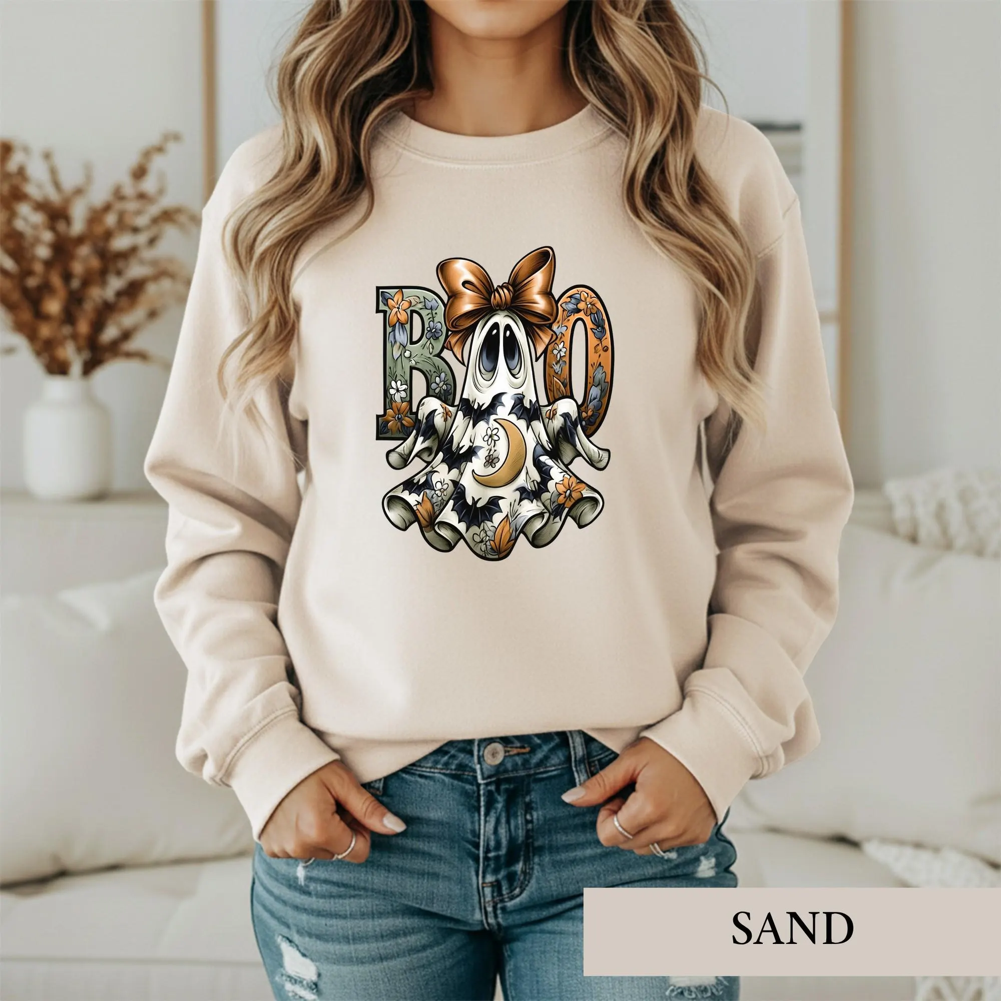 Cute Floral Ghost Shirt, Cottagecore Boo Tee, Botanical Fall Halloween Tshirt, Spooky Season Bow Graphic Sweatshirt, Ghost Lover Gift