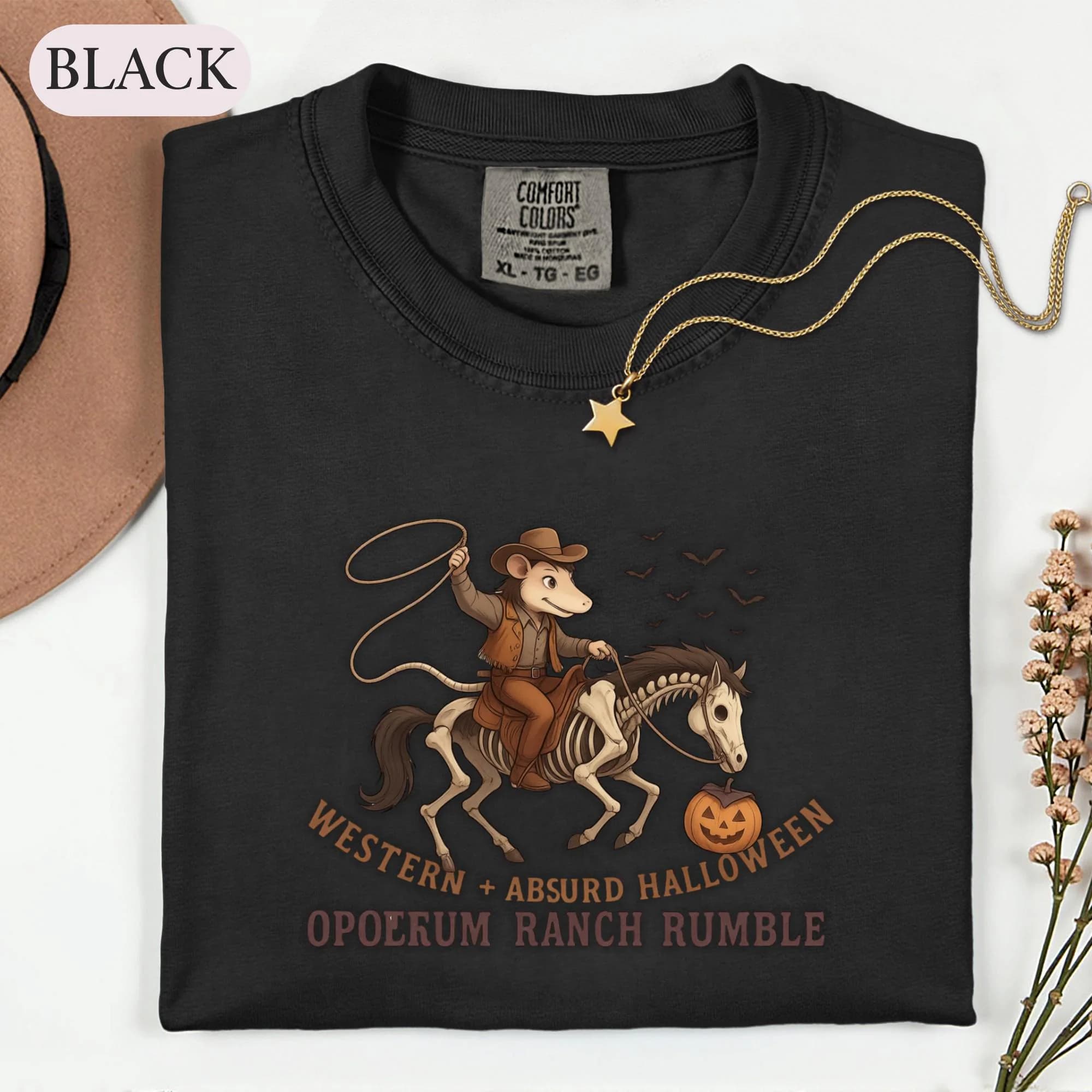 Western Opossum Halloween Shirt, Cowboy Skeleton Horse Tee, Spooky Ranch Graphic Sweatshirt, Retro Possum Pumpkin Lover Gift