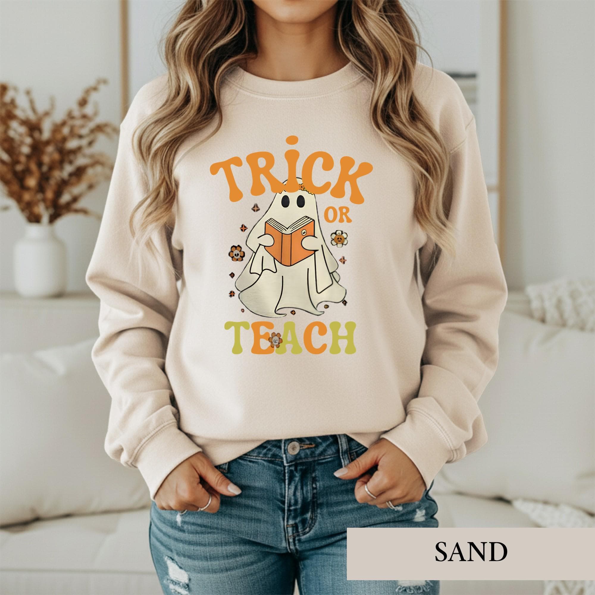 Trick Or Teach Ghost Shirt, Spooky Teacher Halloween Tee, Bookish Reader Graphic Tshirt, Cute Floral Ghost, Educator Fall Gift
