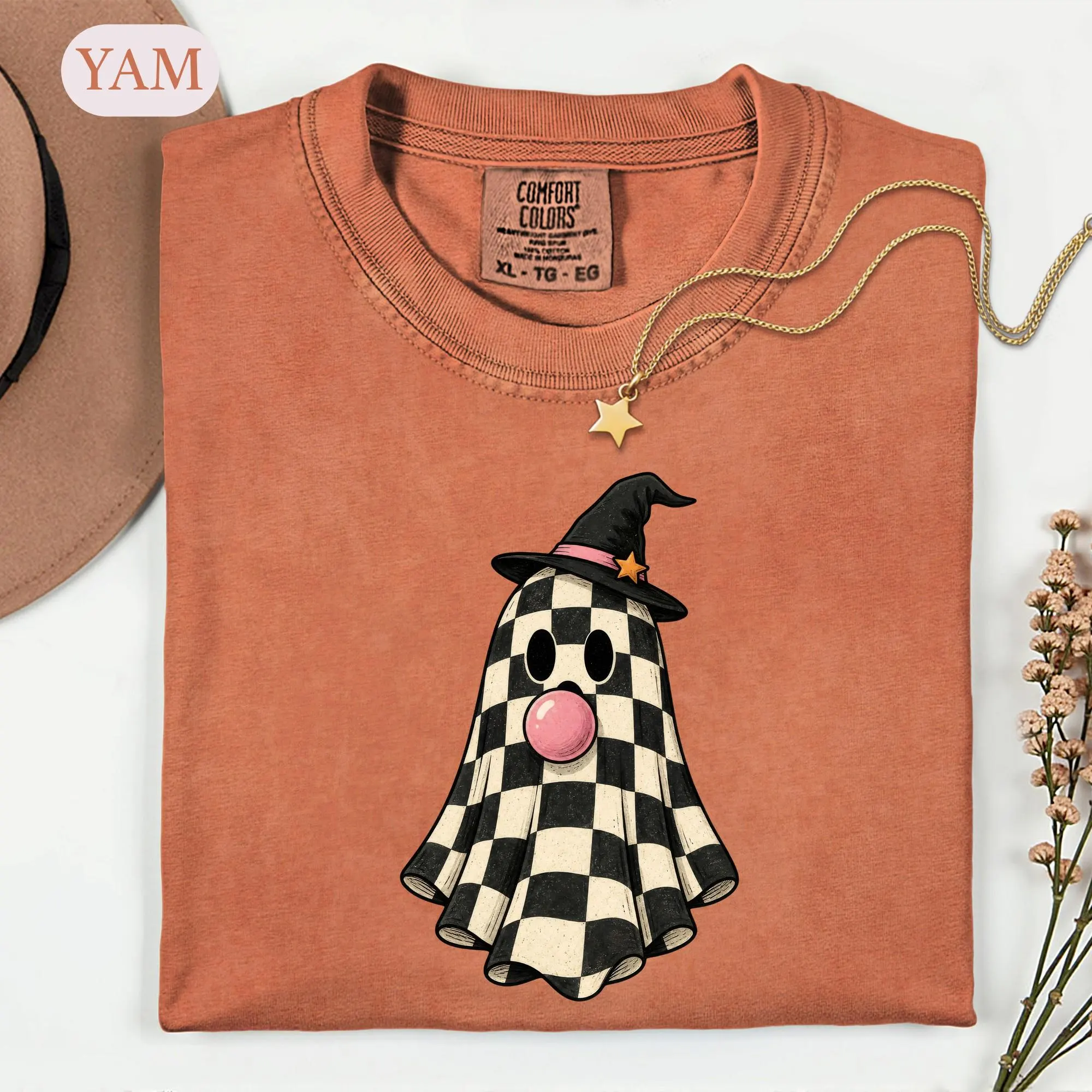Checkered Ghost Halloween Shirt, Retro Witch Hat Bubblegum Tee, Funny Spooky Season Tshirt, Cute Groovy Fall Graphic, Spooky Lover Gift