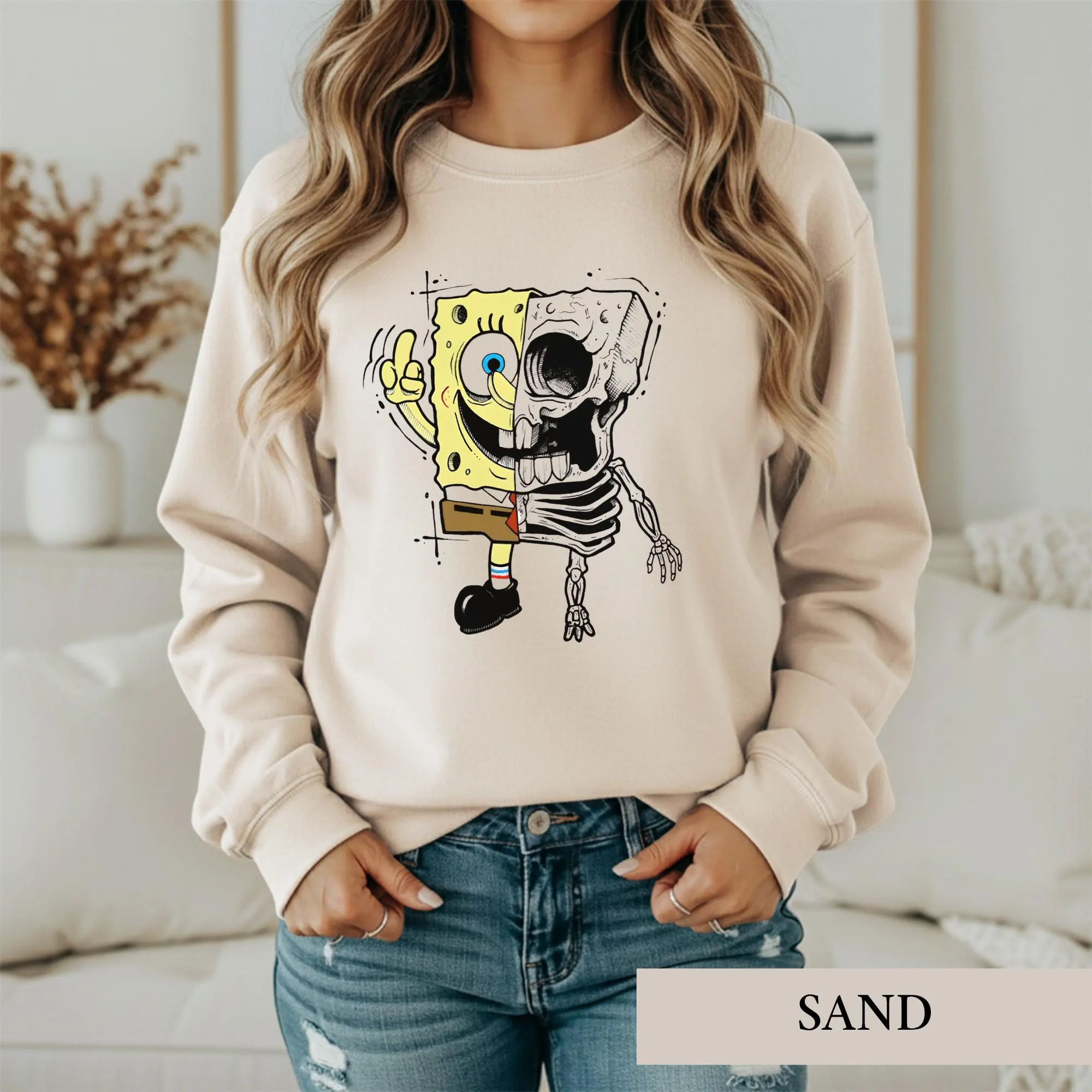 Creepy Cartoon Skeleton Shirt, Half Skull Retro Graphic Tee, Edgy Spooky Horror Tshirt, Gothic Streetwear Sweatshirt, Horror Fan Gift