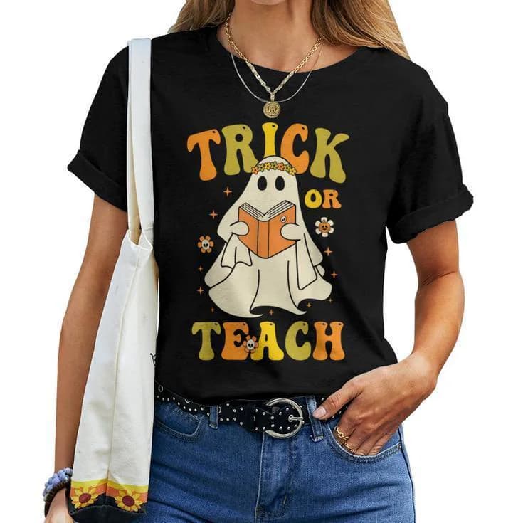 Trick Or Teach Ghost Shirt, Spooky Teacher Halloween Tee, Bookish Reader Graphic Tshirt, Cute Floral Ghost, Educator Fall Gift