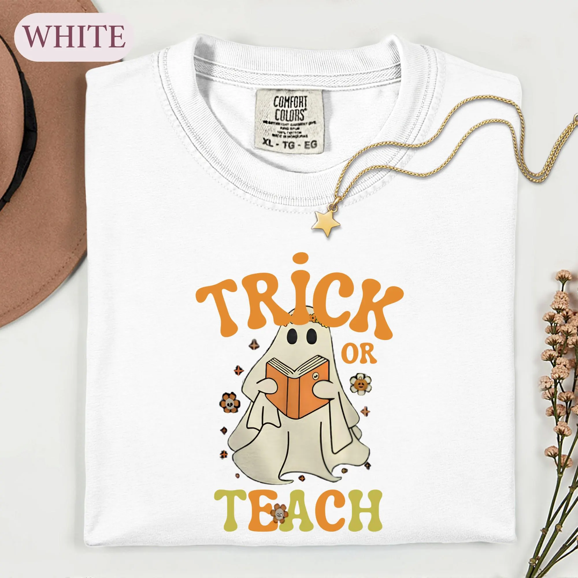 Trick Or Teach Ghost Shirt, Spooky Teacher Halloween Tee, Bookish Reader Graphic Tshirt, Cute Floral Ghost, Educator Fall Gift