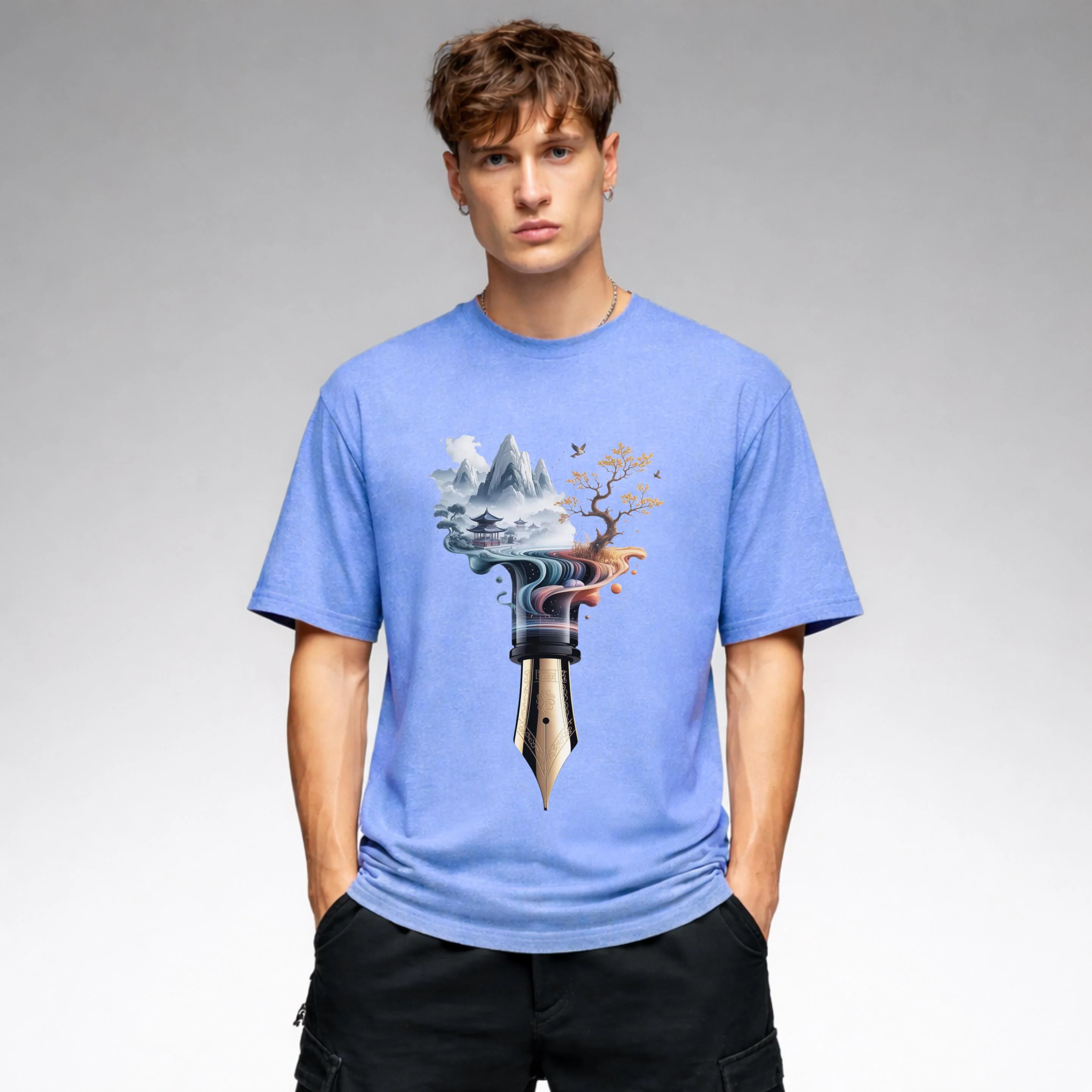 Fountain Pen Landscape Shirt, Writer Aesthetic Tee, Dark Academia Graphic, Artist Gift,Artistic Fountain Pen Landscape T-Shirt, Creative