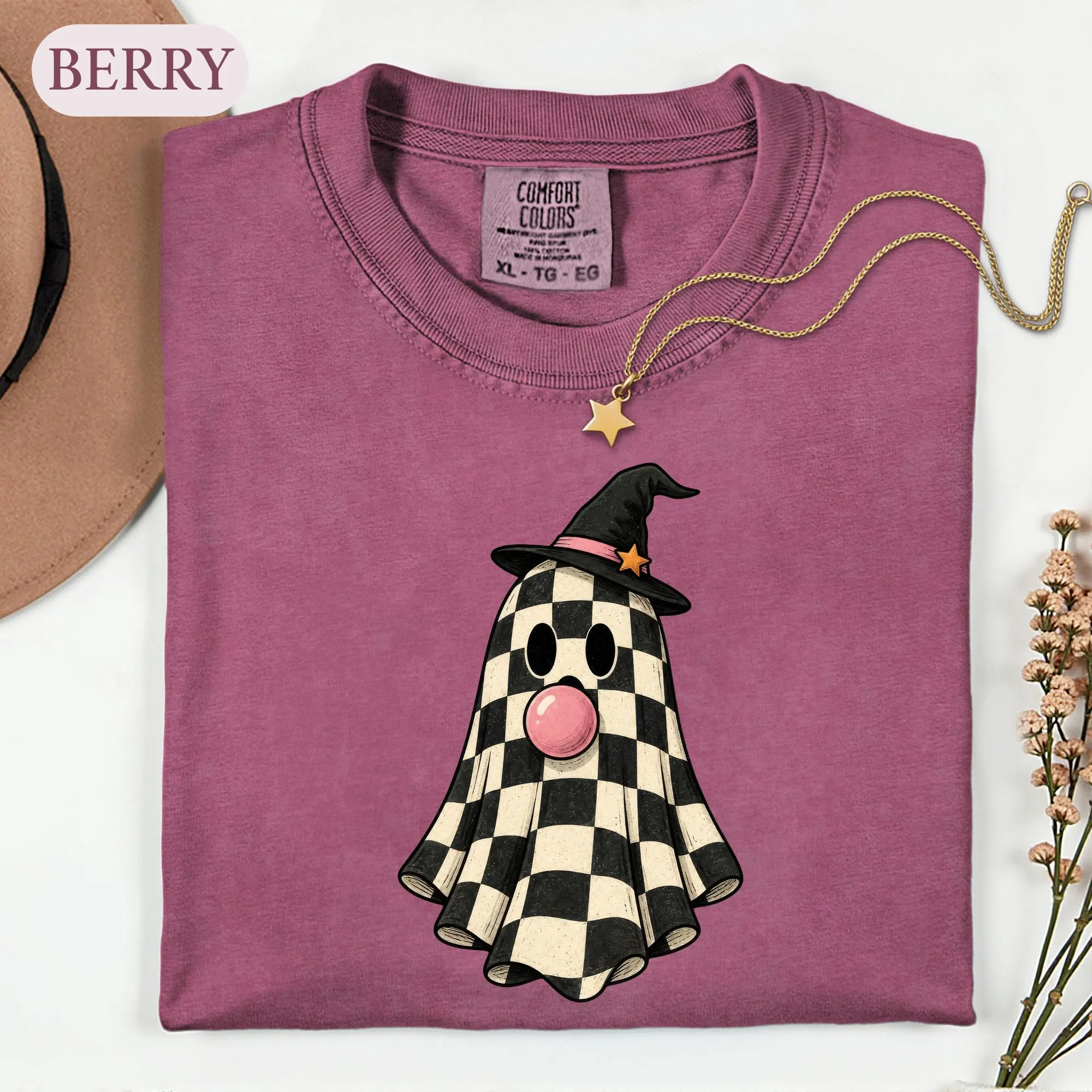 Checkered Ghost Halloween Shirt, Retro Witch Hat Bubblegum Tee, Funny Spooky Season Tshirt, Cute Groovy Fall Graphic, Spooky Lover Gift