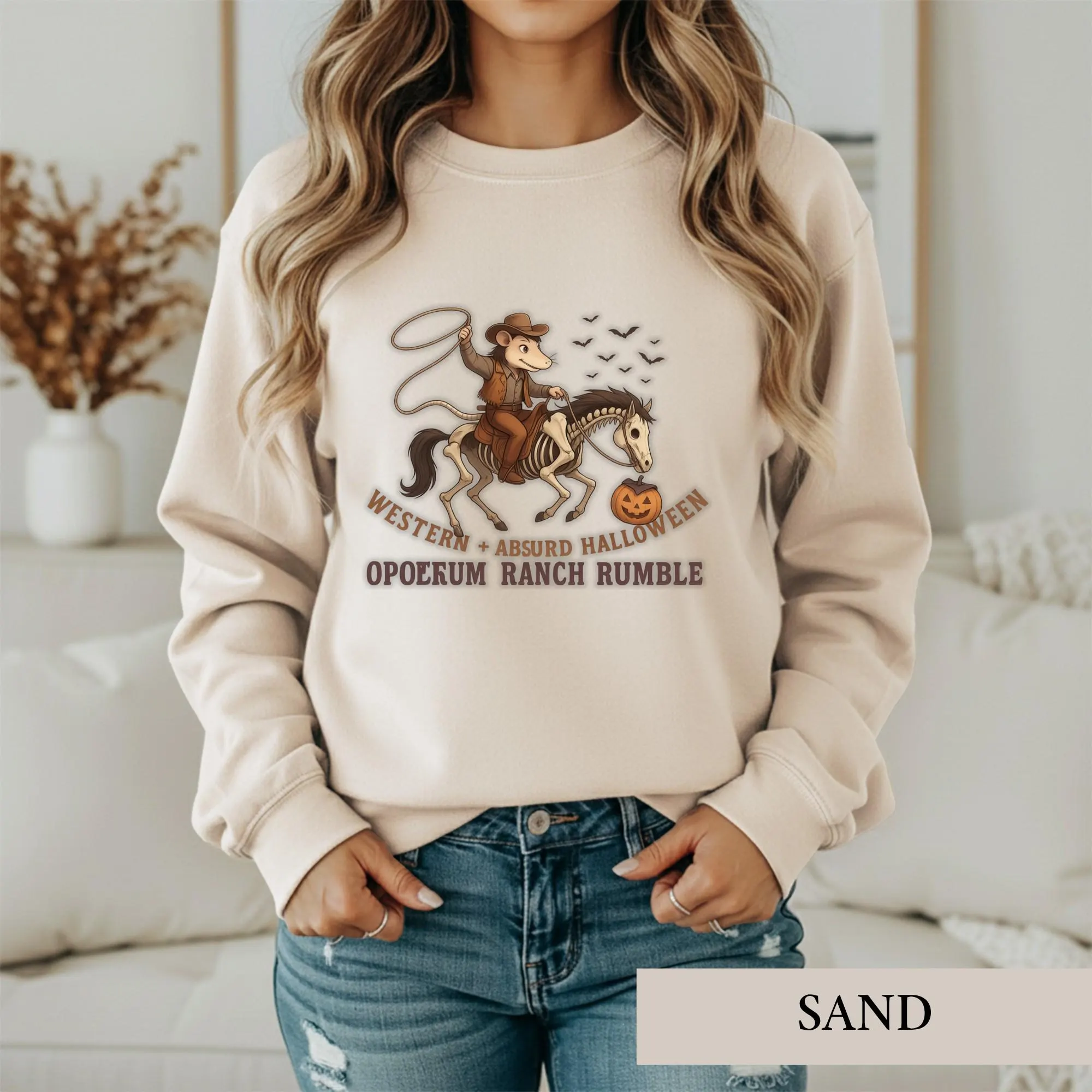 Western Opossum Halloween Shirt, Cowboy Skeleton Horse Tee, Spooky Ranch Graphic Sweatshirt, Retro Possum Pumpkin Lover Gift