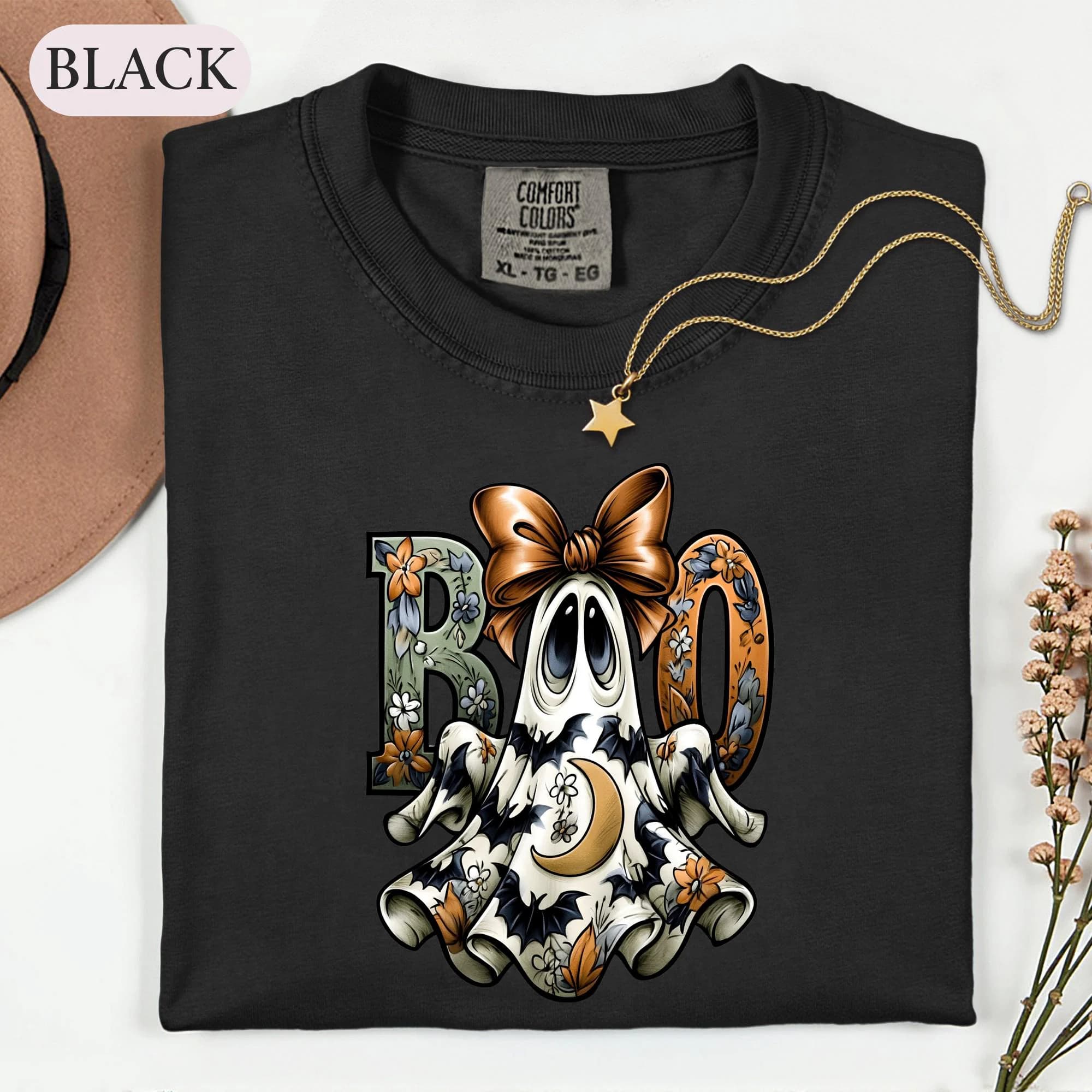 Cute Floral Ghost Shirt, Cottagecore Boo Tee, Botanical Fall Halloween Tshirt, Spooky Season Bow Graphic Sweatshirt, Ghost Lover Gift