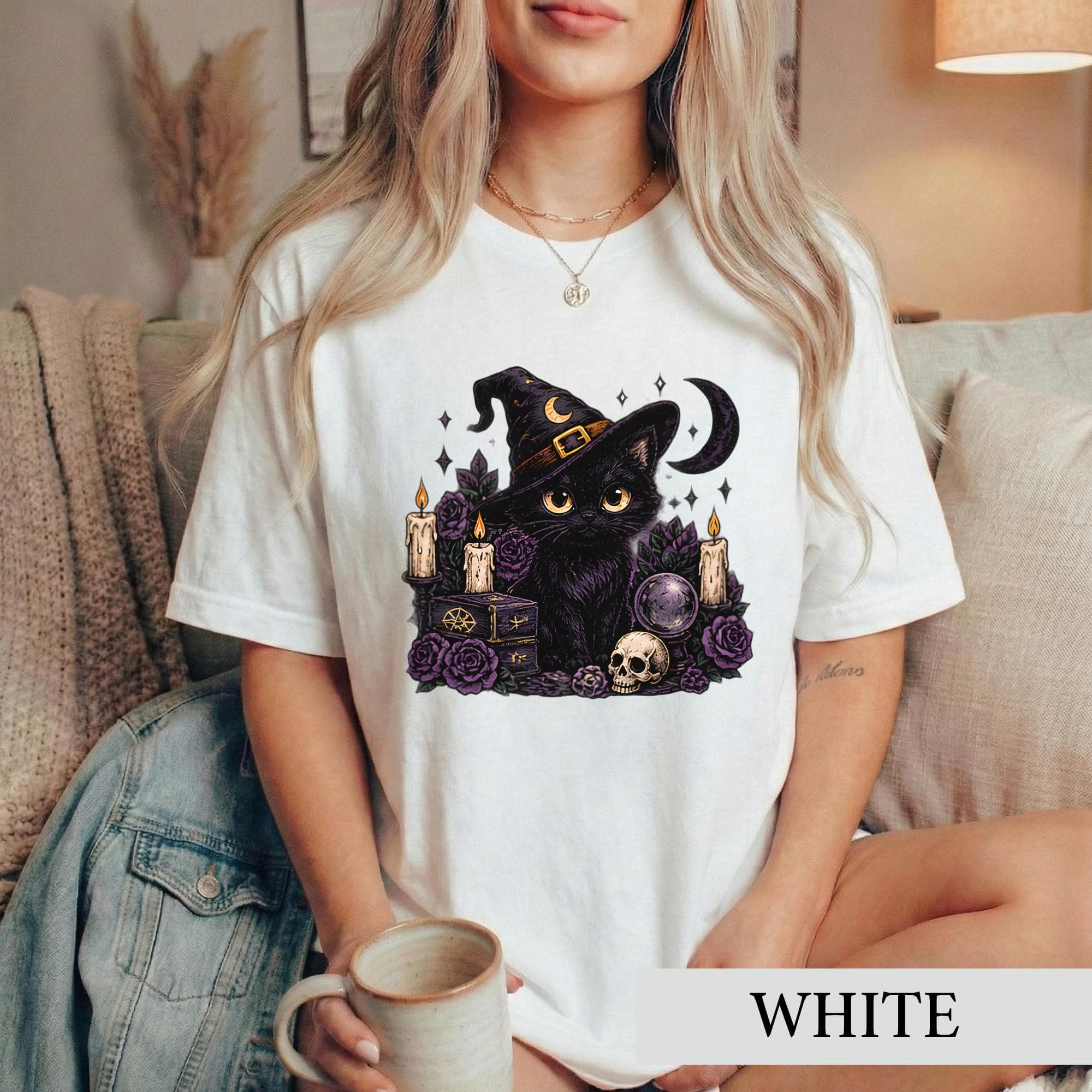 Witchy Black Cat Shirt, Gothic Halloween Cat Tee, Whimsigoth Spooky Season Tshirt, Dark Floral Aesthetic Graphic, Witch Lover Gift