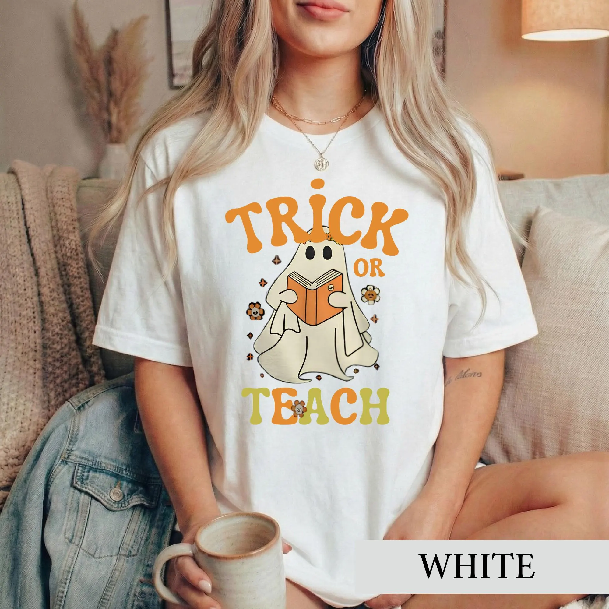 Trick Or Teach Ghost Shirt, Spooky Teacher Halloween Tee, Bookish Reader Graphic Tshirt, Cute Floral Ghost, Educator Fall Gift