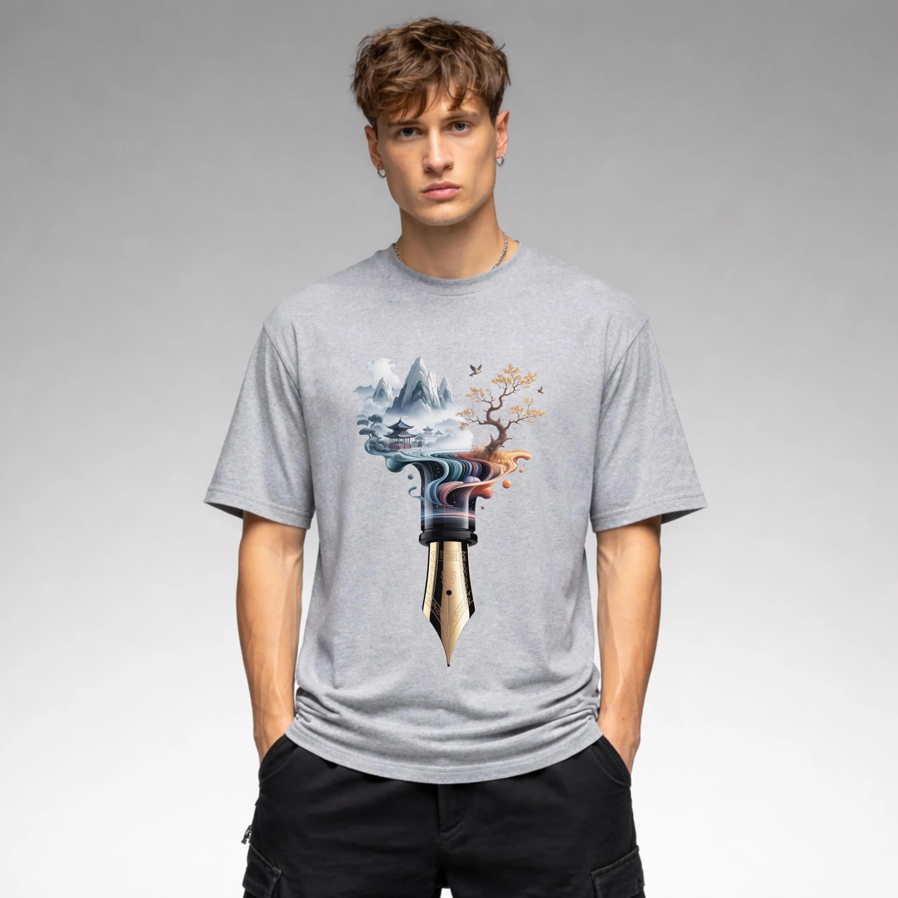 Fountain Pen Landscape Shirt, Writer Aesthetic Tee, Dark Academia Graphic, Artist Gift,Artistic Fountain Pen Landscape T-Shirt, Creative - image 4