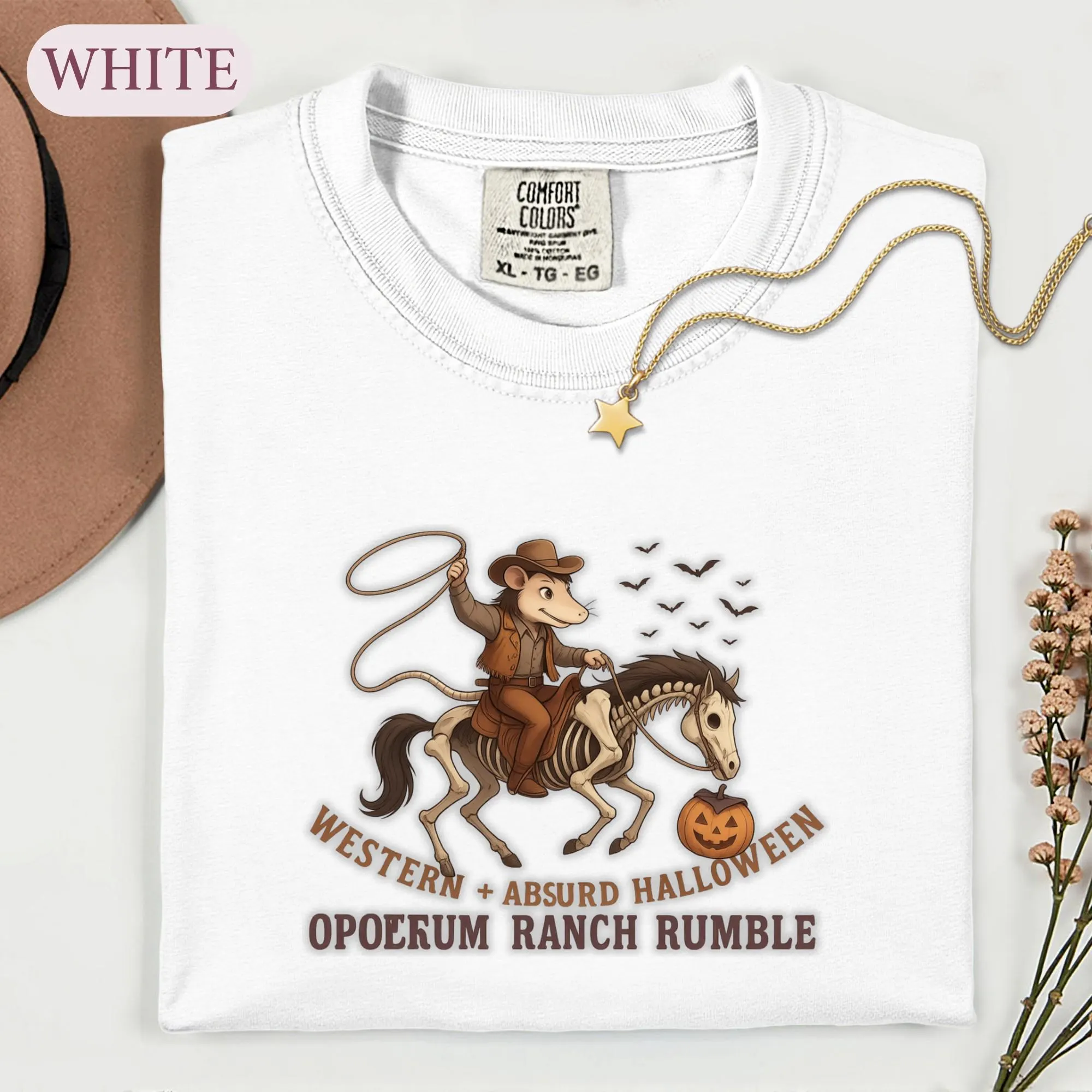 Western Opossum Halloween Shirt, Cowboy Skeleton Horse Tee, Spooky Ranch Graphic Sweatshirt, Retro Possum Pumpkin Lover Gift