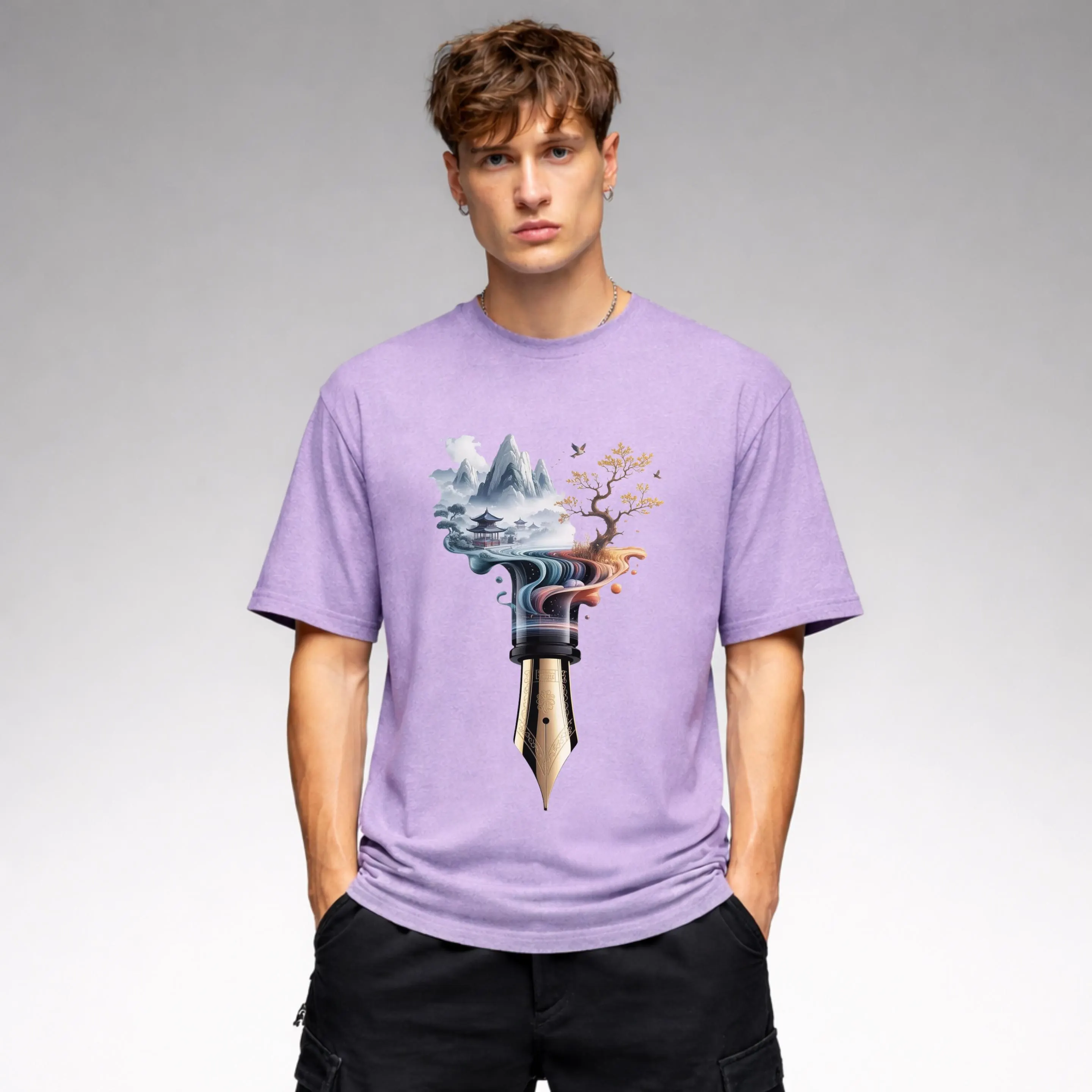 Fountain Pen Landscape Shirt, Writer Aesthetic Tee, Dark Academia Graphic, Artist Gift,Artistic Fountain Pen Landscape T-Shirt, Creative - image 5