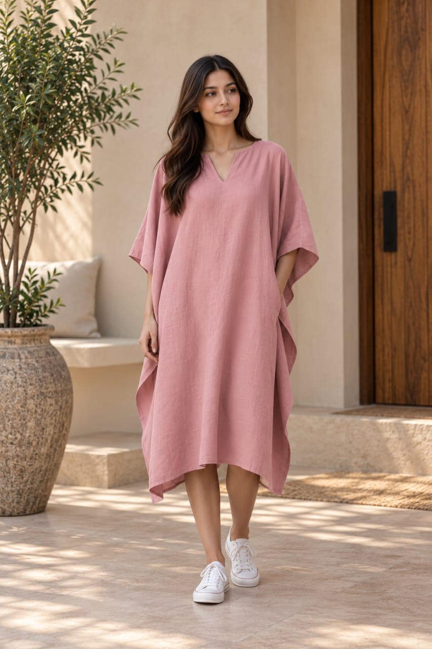 Western Traditional Ethnic Wear - Deep V-neck Cutomised Loose Kaftan Dress - Women's Pink Loungewear