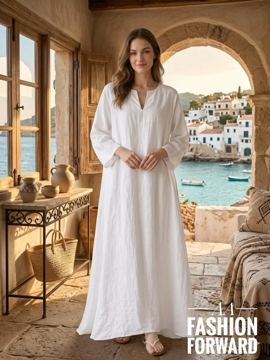 White Linen Maxi Kaftan Dress | Oversized Boho Resort Wear Summer Style - image 3