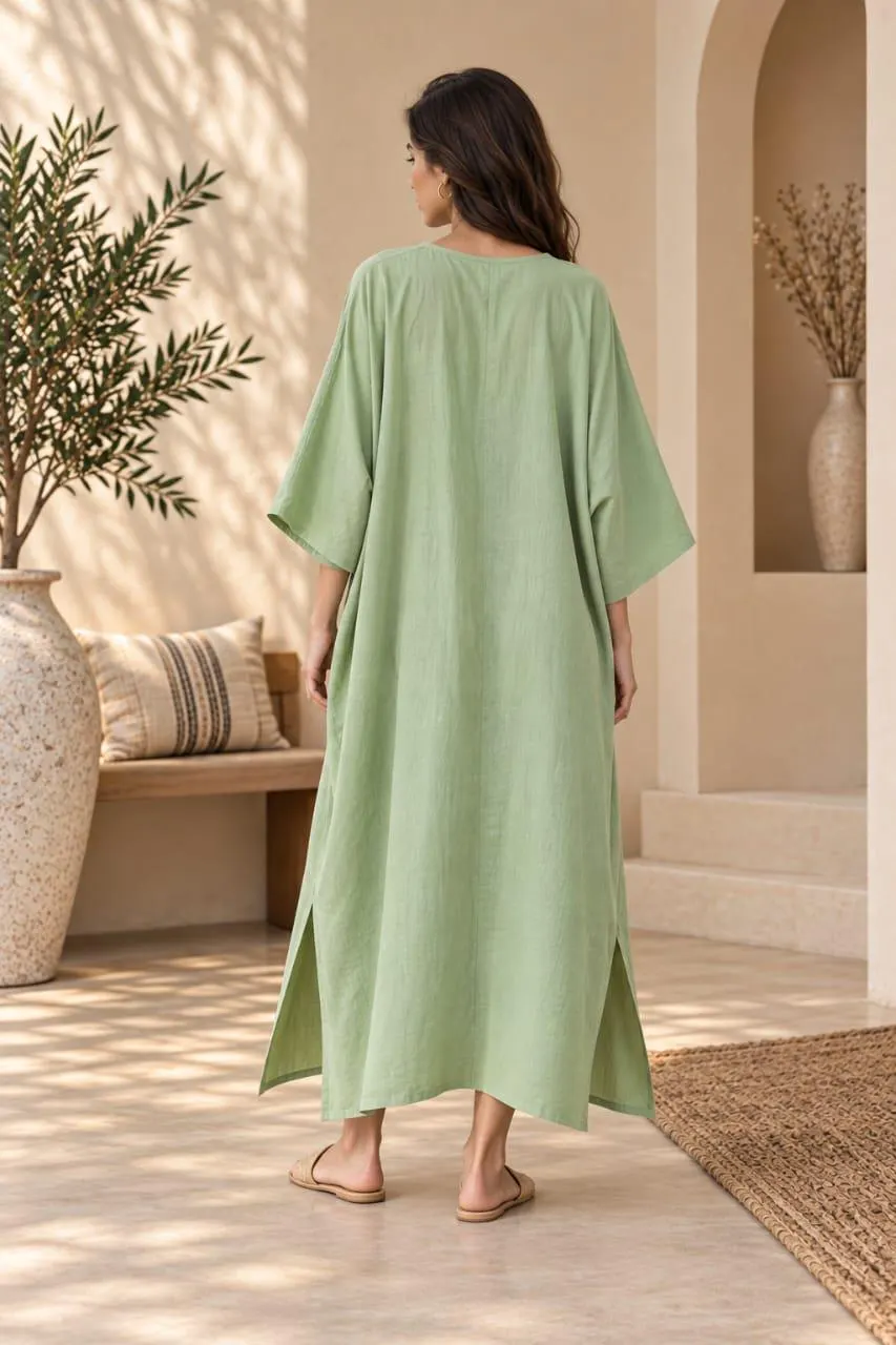 Pastel Green Handmade Plus Size Boho Dress -  Relaxed V Neck Maxi - Spring Breathable Kaftan - image 5