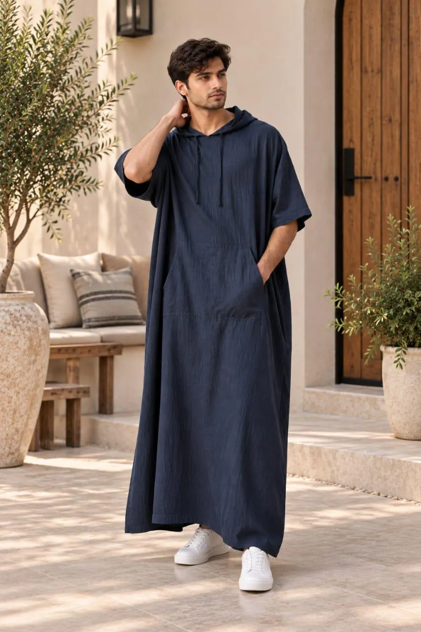 Men's Navy Blue Linen Hooded kaftan Robe | Comfortable Caftan, Relaxed Boho Long Tunic - image 3